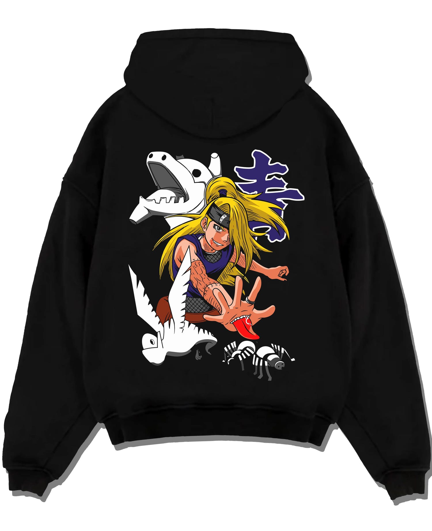 Black pullover hoodie laid flat with Bleach Hoodie Rukia Soul Reaper Retro Anime Poster graphic bold anime graphic.
