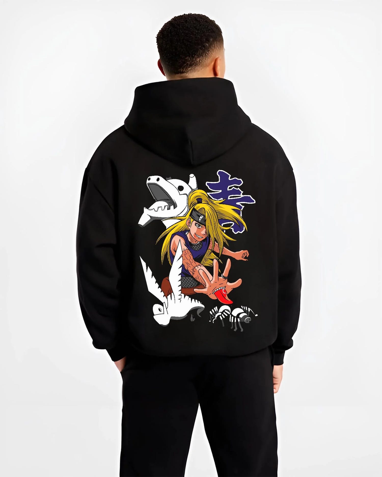 Black hoodie worn by male model, back view with Bleach Hoodie Rukia Soul Reaper Retro Anime Poster graphic premium wear.