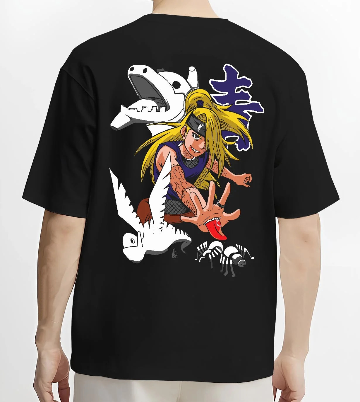 Black T-shirt worn by male model, back view with Bleach Hoodie Rukia Soul Reaper Retro Anime Poster graphic bold anime graphic.