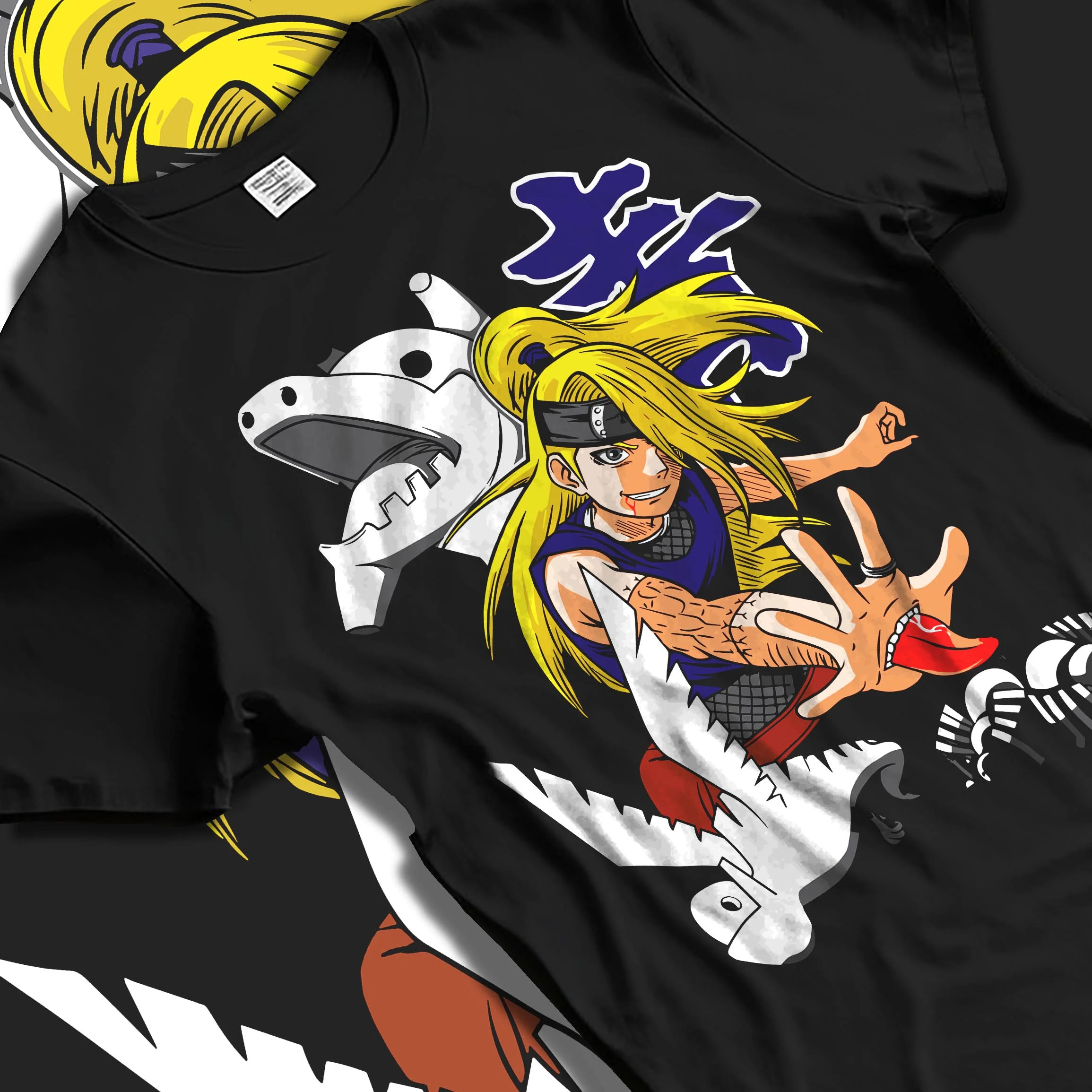 Black T-shirt laid flat with natural folds with Bleach Hoodie Rukia Soul Reaper Retro Anime Poster graphic bold anime graphic.