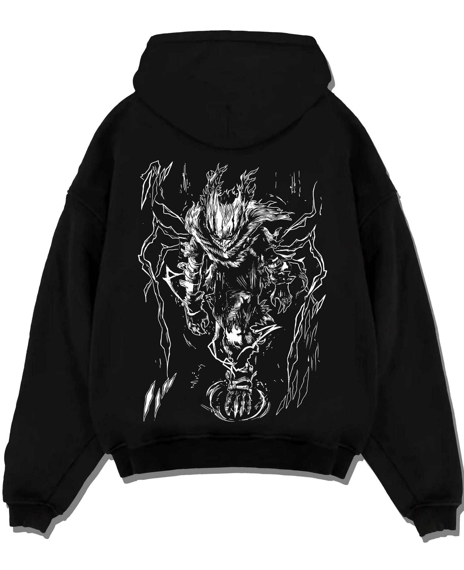 Black pullover hoodie laid flat with Deku Hoodie My Hero Academia Smash Power Retro Pose graphic bold anime graphic.