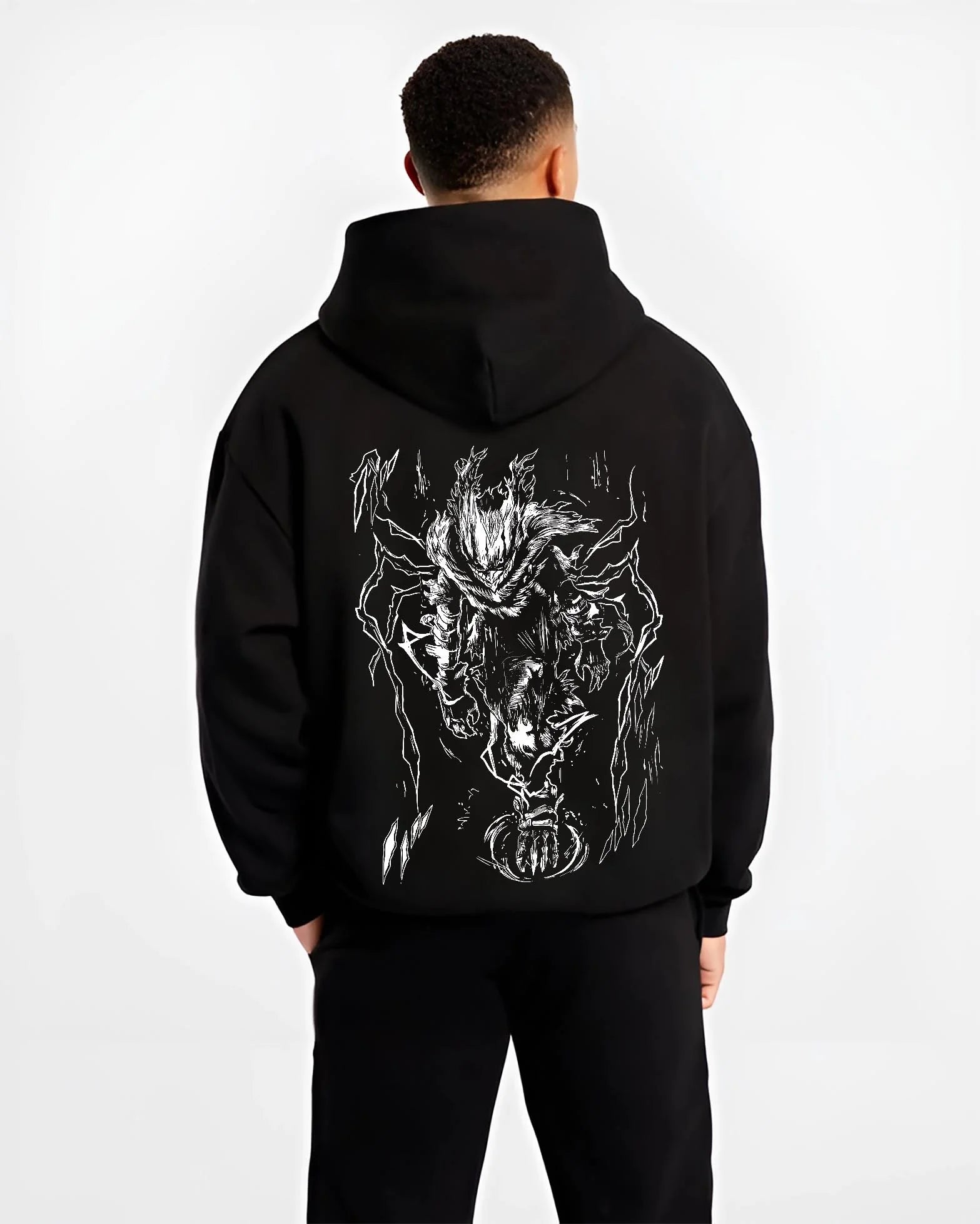 Black hoodie worn by male model, back view with Deku Hoodie My Hero Academia Smash Power Retro Pose graphic streetwear graphic.
