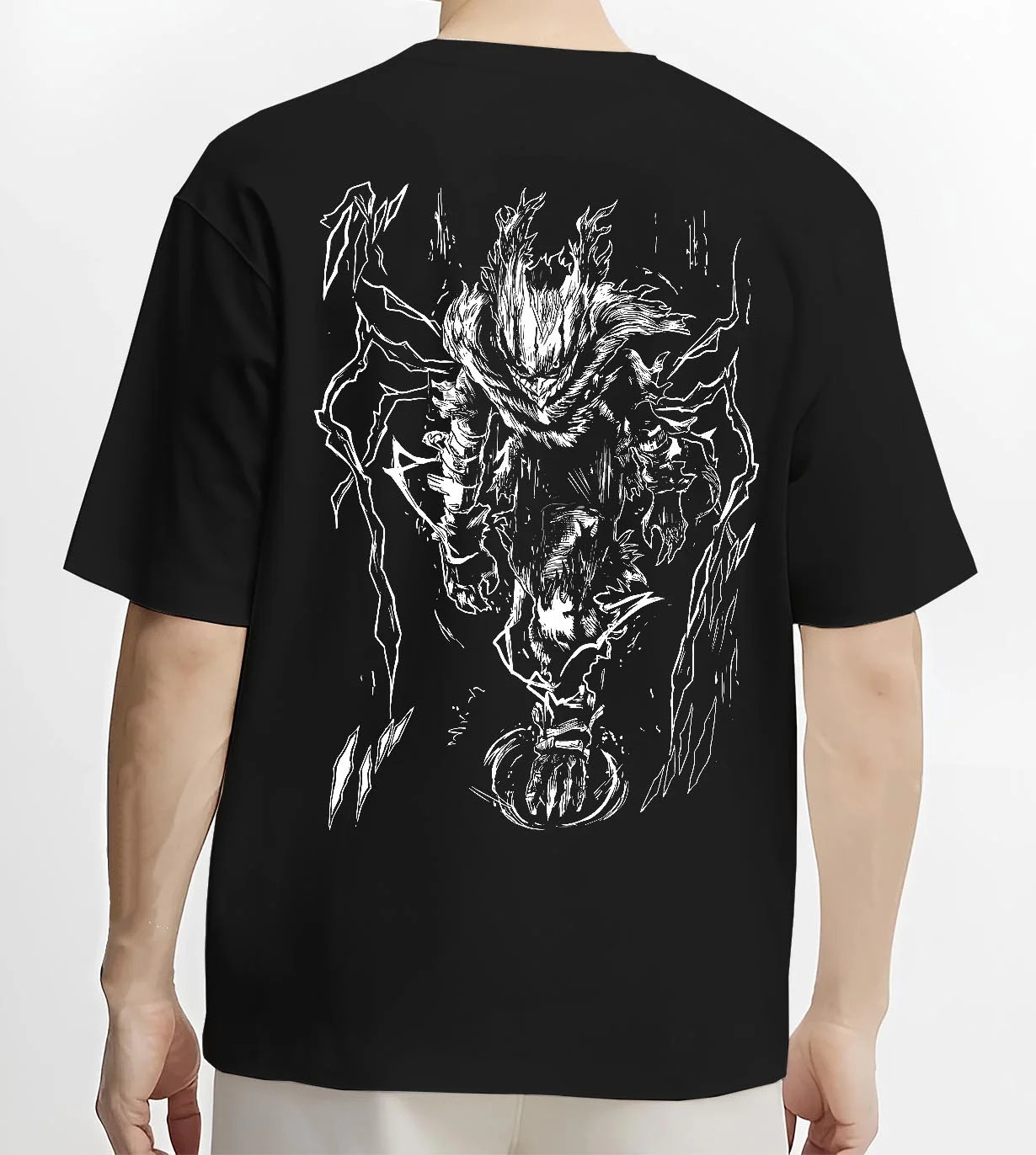 Black T-shirt worn by male model, back view with Deku Hoodie My Hero Academia Smash Power Retro Pose graphic streetwear graphic.