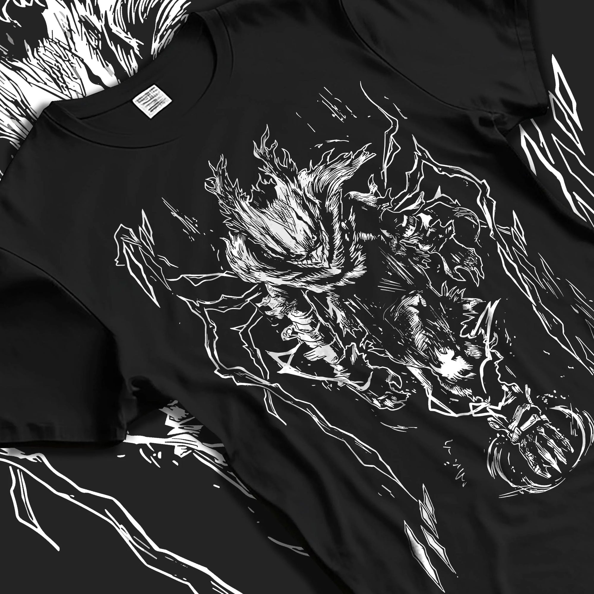 Black T-shirt laid flat with natural folds with Deku Hoodie My Hero Academia Smash Power Retro Pose graphic streetwear graphic.