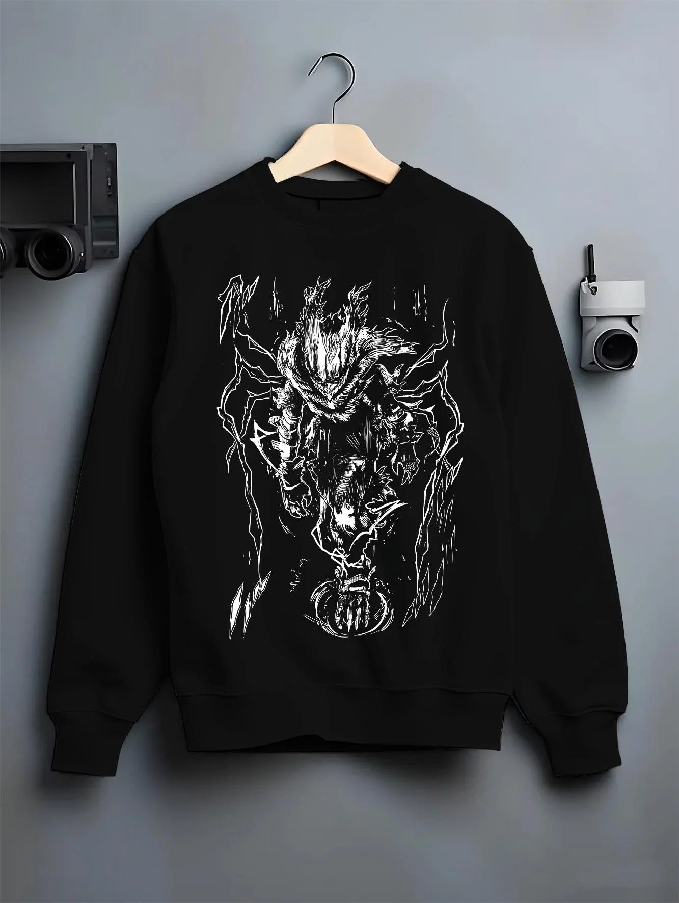 Black crewneck sweatshirt on hanger with Deku Hoodie My Hero Academia Smash Power Retro Pose graphic bold anime graphic.