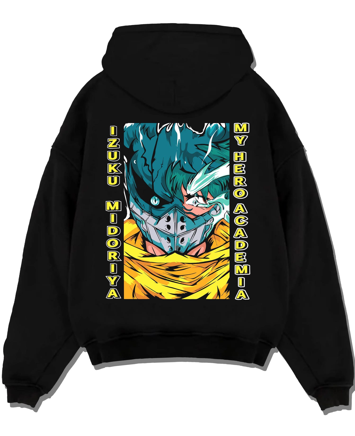 Black pullover hoodie laid flat with My Hero Academia Hoodie Izuku Midoriya Mask Jumper graphic premium wear.