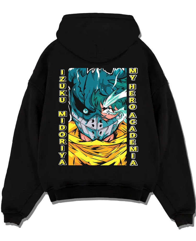 Black pullover hoodie laid flat with My Hero Academia Hoodie Izuku Midoriya Mask Jumper graphic premium wear.