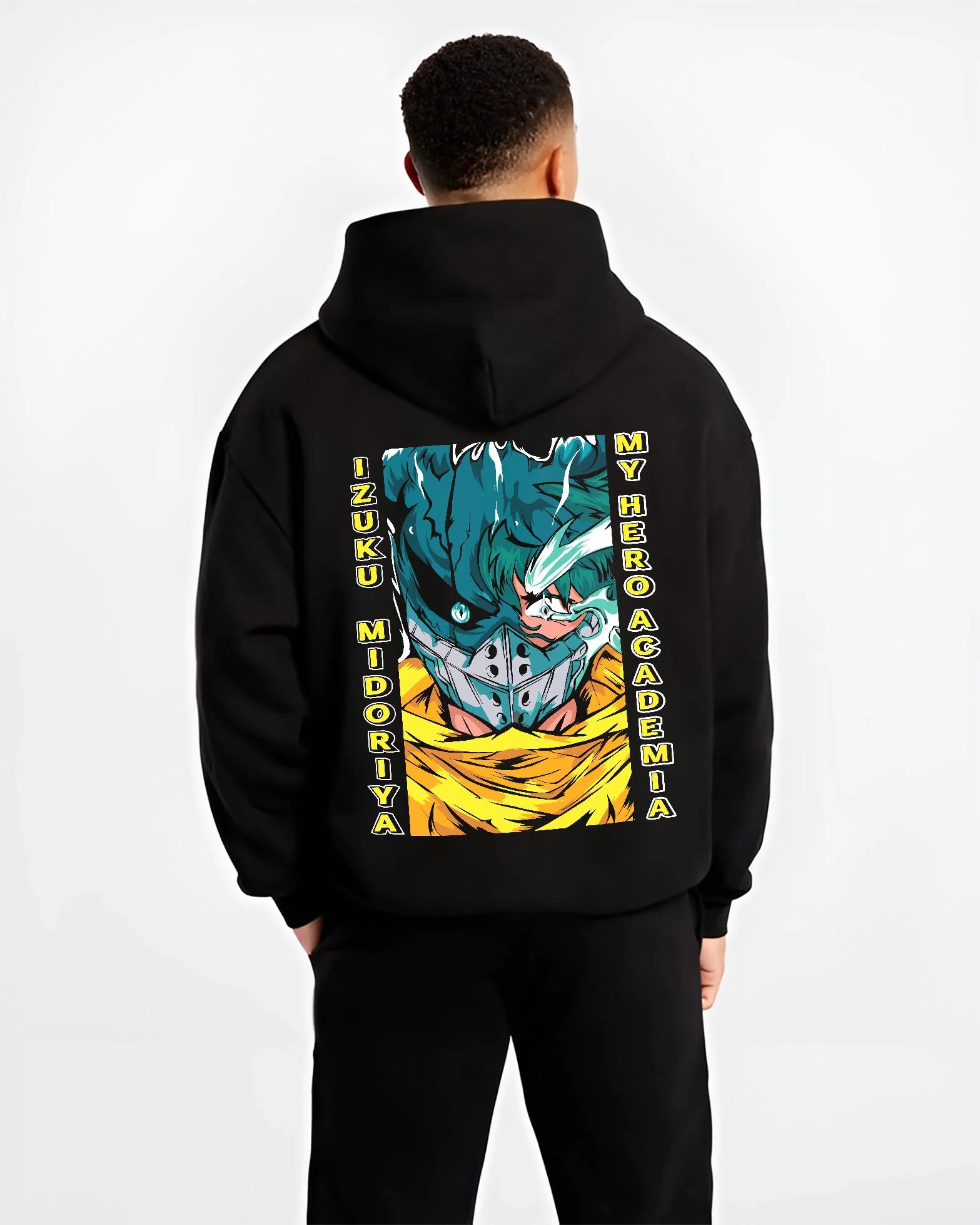 Black hoodie worn by male model, back view with My Hero Academia Hoodie Izuku Midoriya Mask Jumper graphic bold anime graphic.
