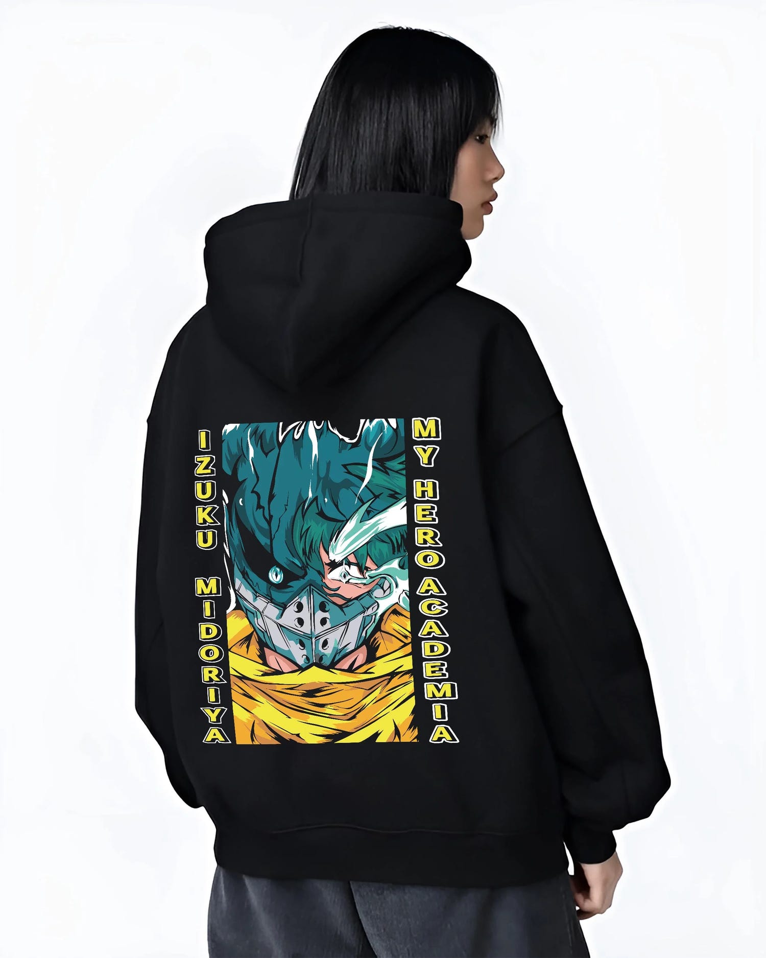 Black hoodie worn by female model, back view with My Hero Academia Hoodie Izuku Midoriya Mask Jumper graphic streetwear graphic.