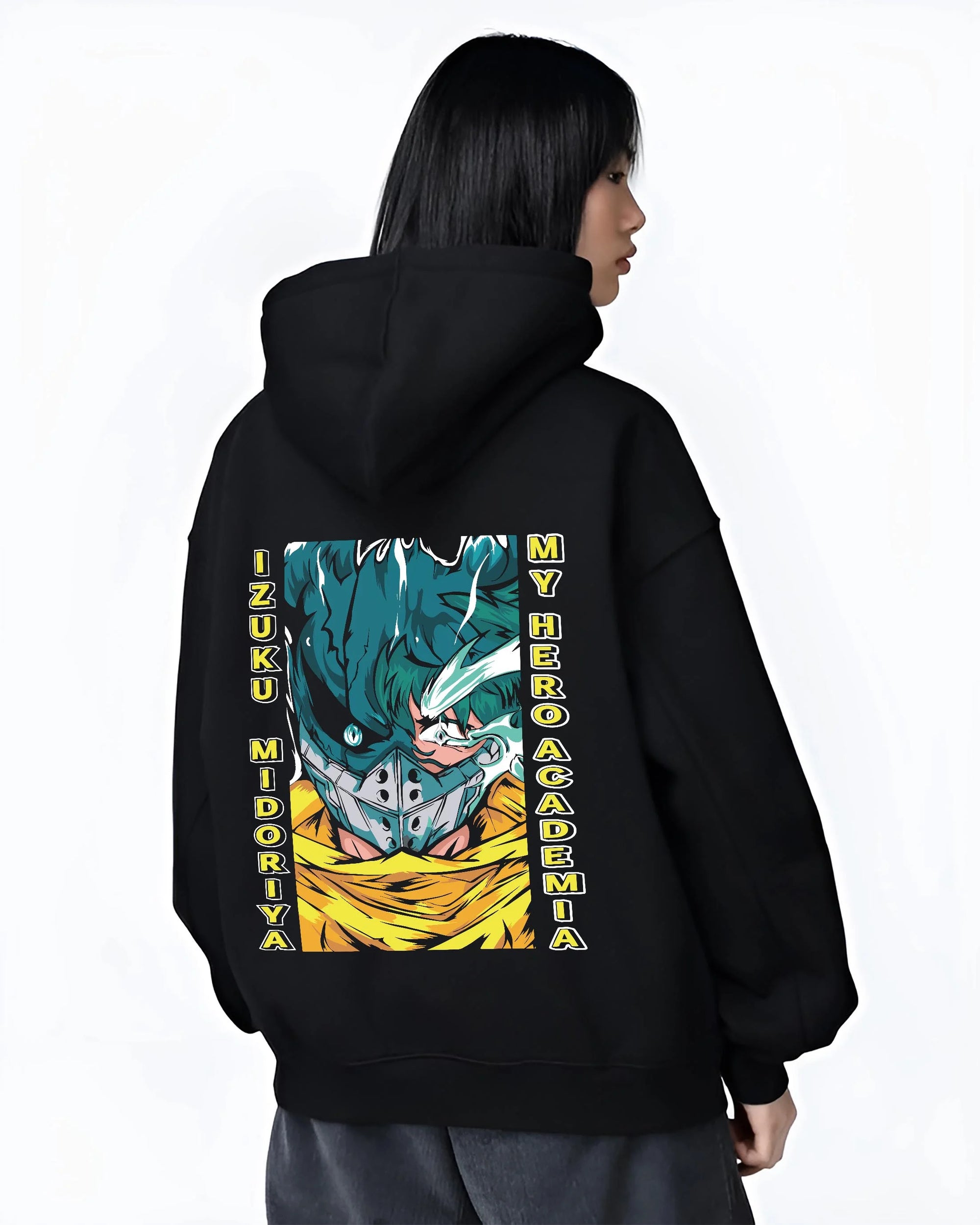 Black hoodie worn by female model, back view with My Hero Academia Hoodie Izuku Midoriya Mask Jumper graphic streetwear graphic.