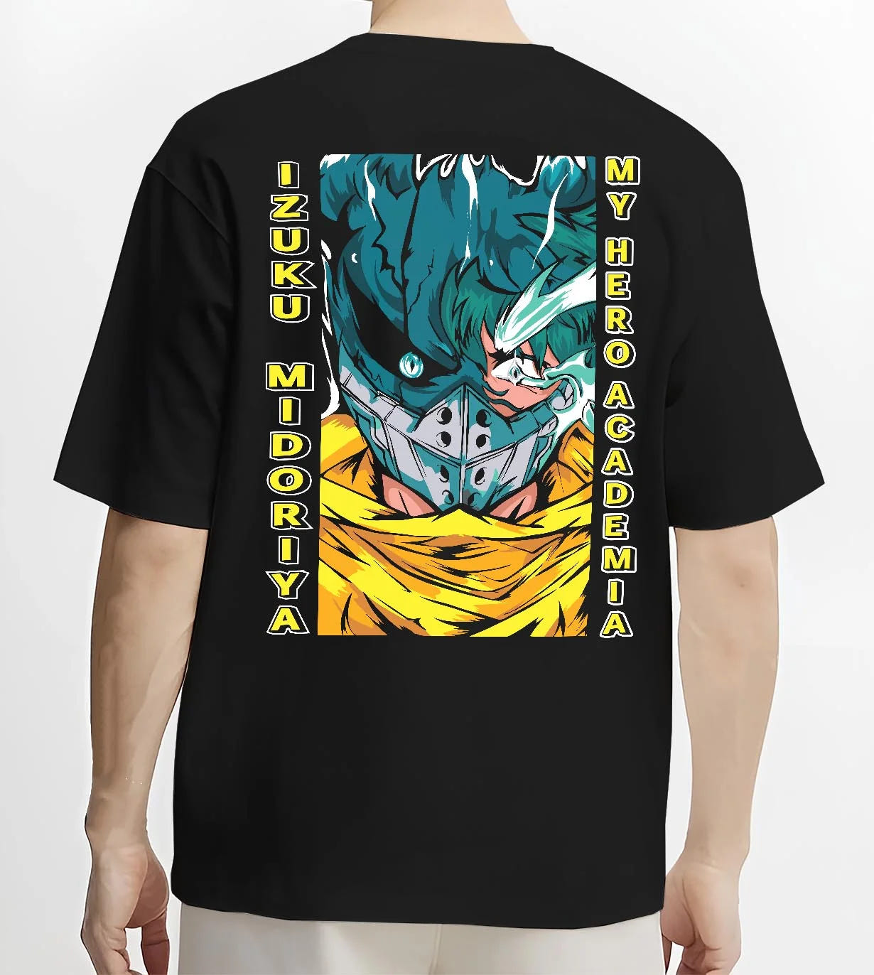 Black T-shirt worn by male model, back view with My Hero Academia Hoodie Izuku Midoriya Mask Jumper graphic bold anime graphic.