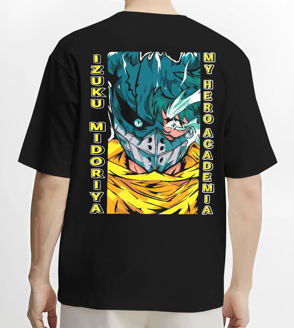 Black T-shirt worn by male model, back view with My Hero Academia Hoodie Izuku Midoriya Mask Jumper graphic bold anime graphic.