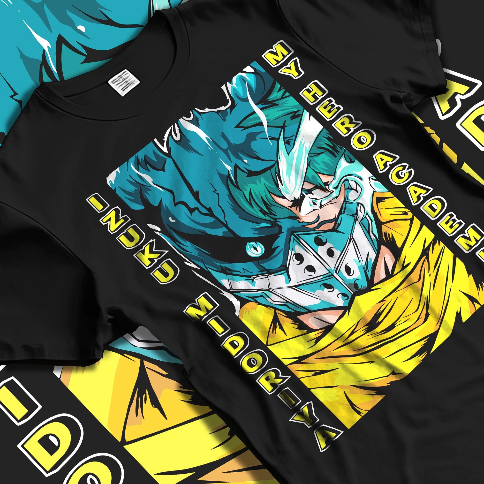 Black T-shirt laid flat with natural folds with My Hero Academia Hoodie Izuku Midoriya Mask Jumper graphic bold anime graphic.