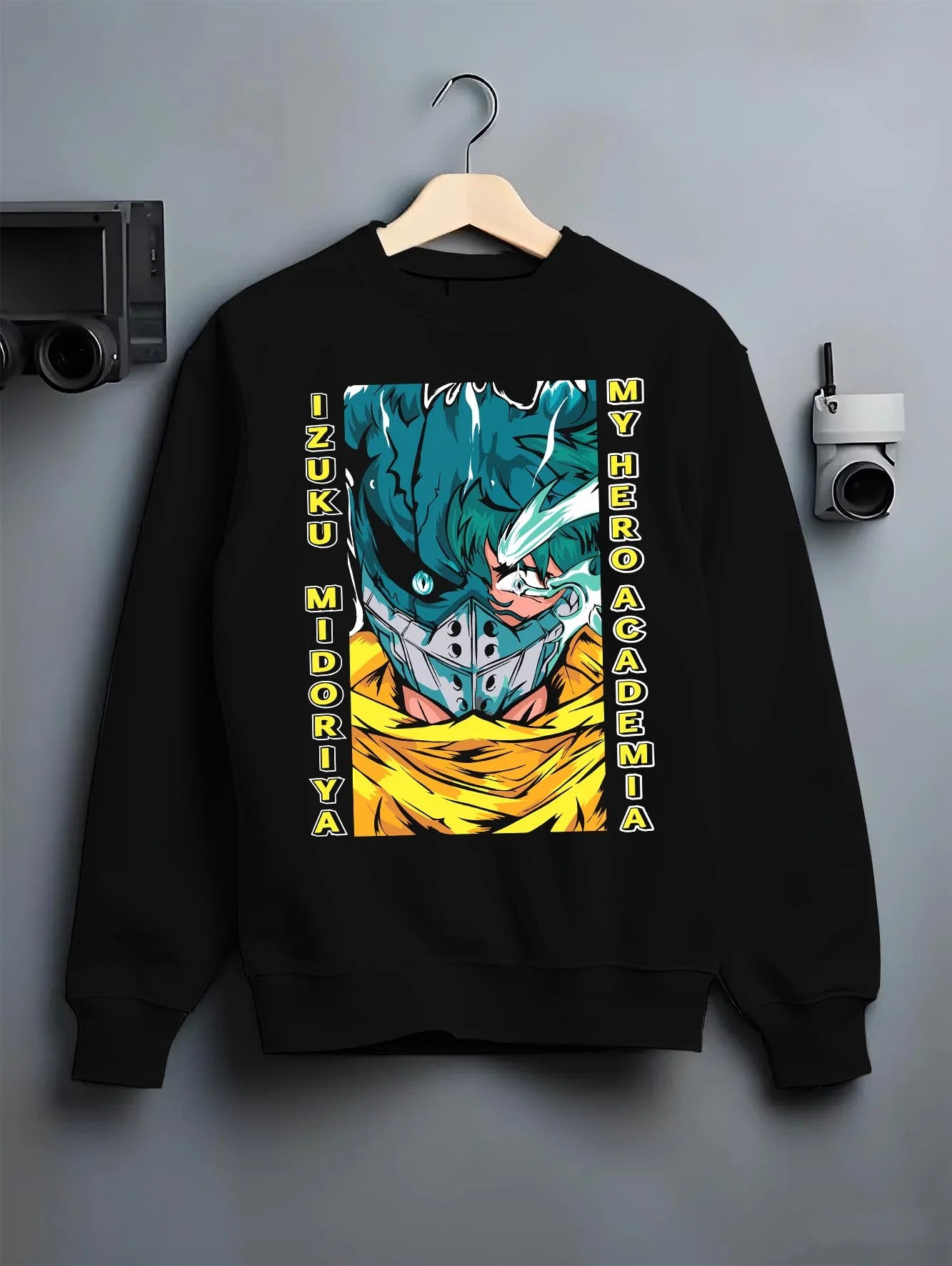 Black crewneck sweatshirt on hanger with My Hero Academia Hoodie Izuku Midoriya Mask Jumper graphic streetwear graphic.