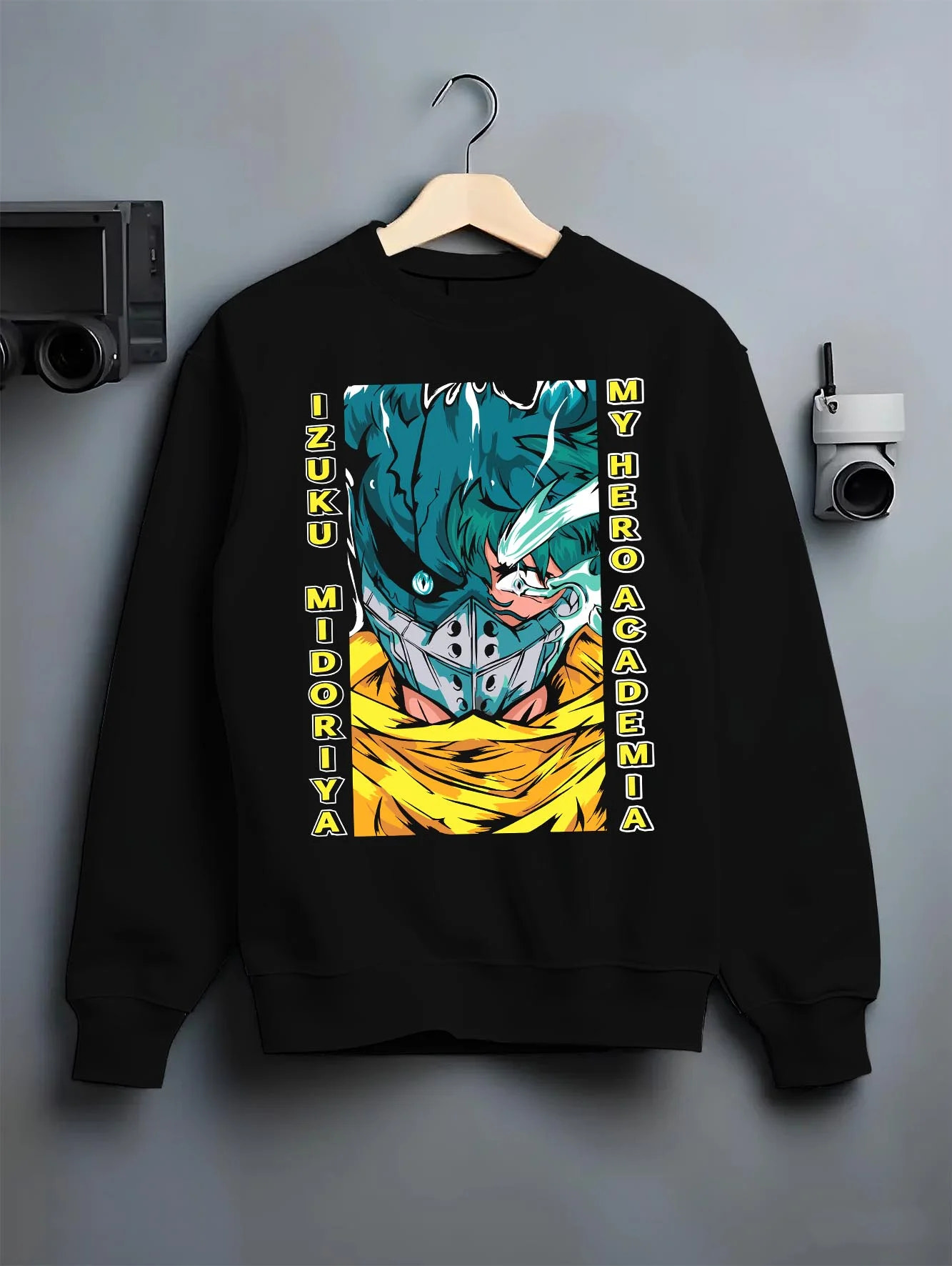 Black crewneck sweatshirt on hanger with My Hero Academia Hoodie Izuku Midoriya Mask Jumper graphic streetwear graphic.