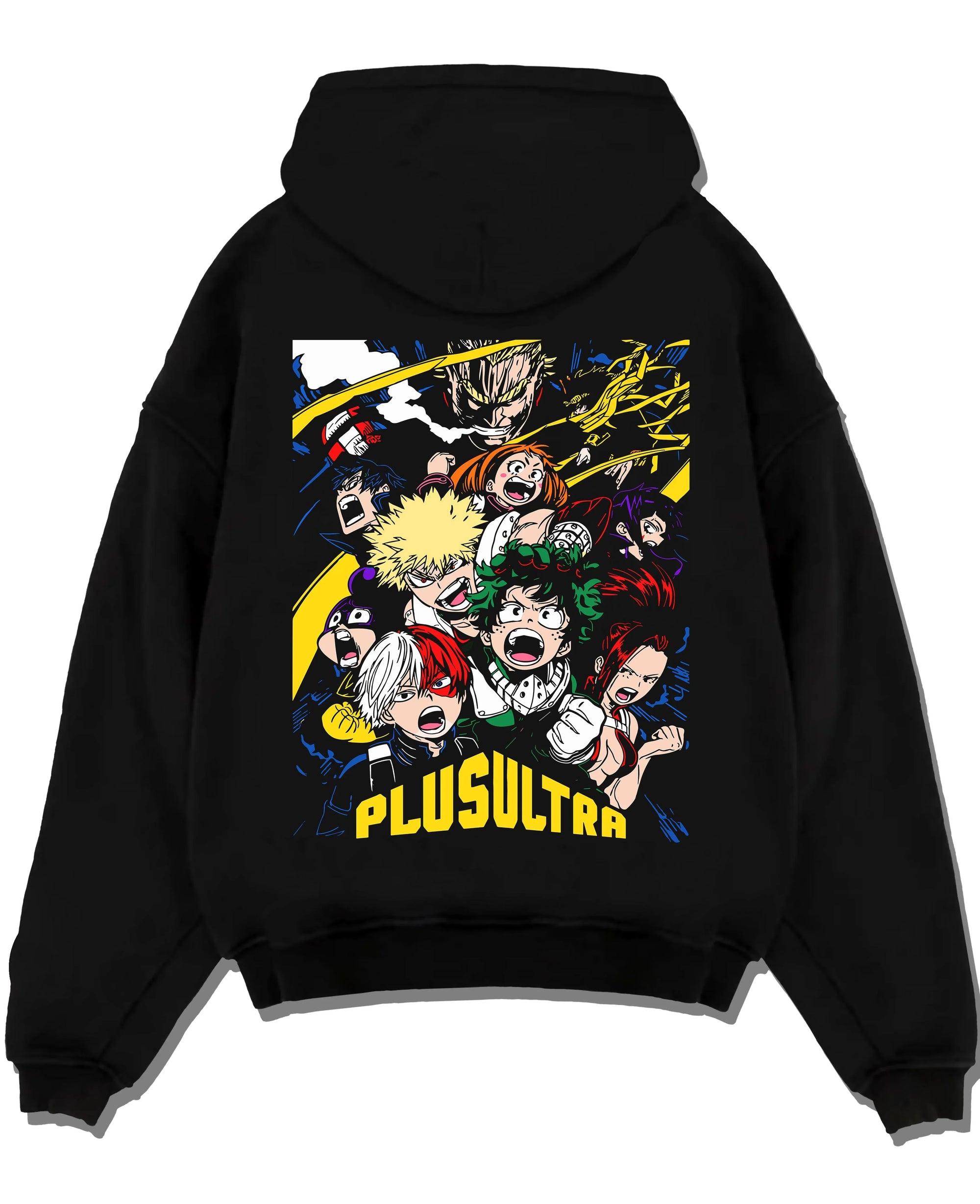 Black pullover hoodie laid flat with My Hero Academia Hoodie Deku Plus Ultra Jumper graphic streetwear graphic.