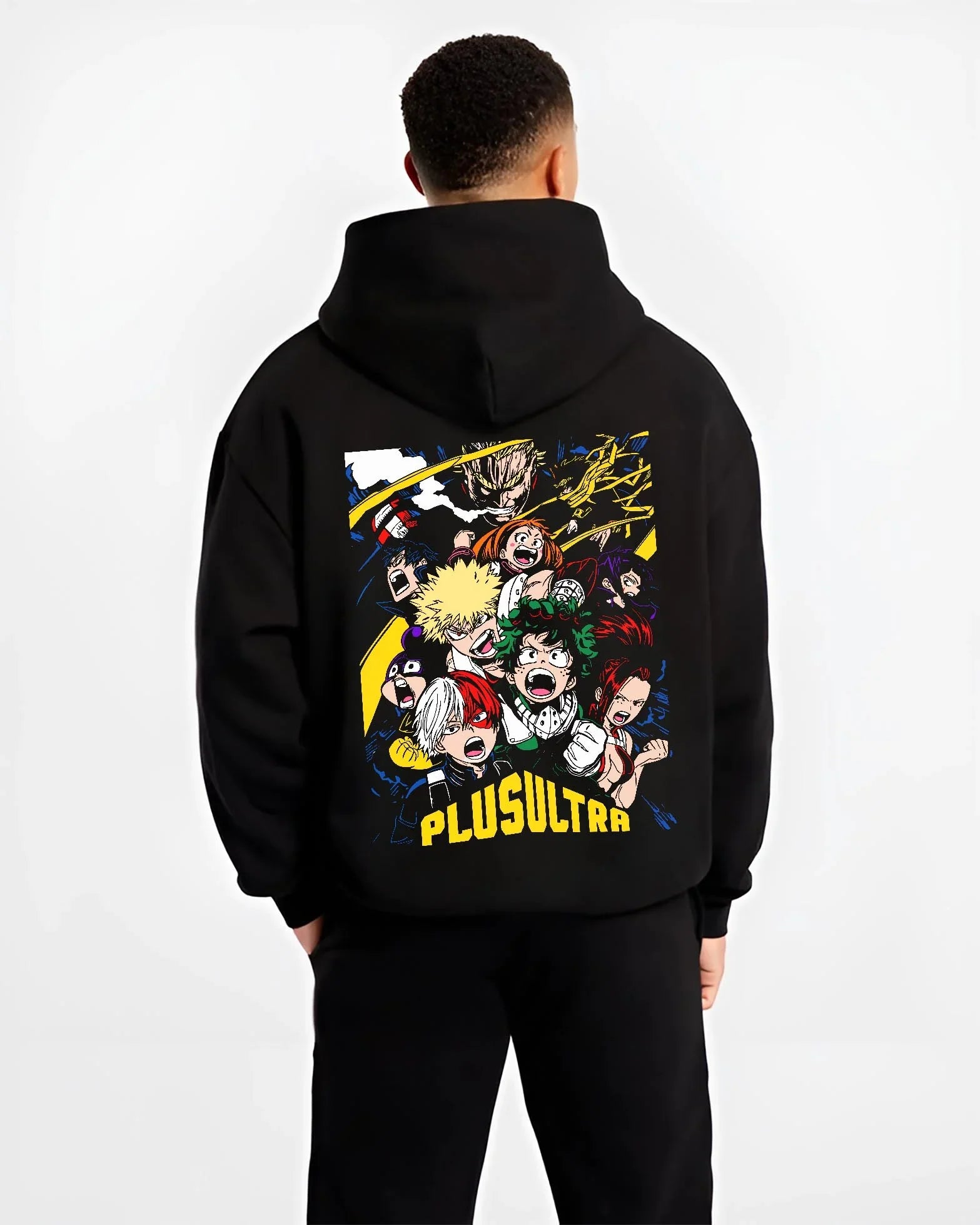 Black hoodie worn by male model, back view with My Hero Academia Hoodie Deku Plus Ultra Jumper graphic premium wear.