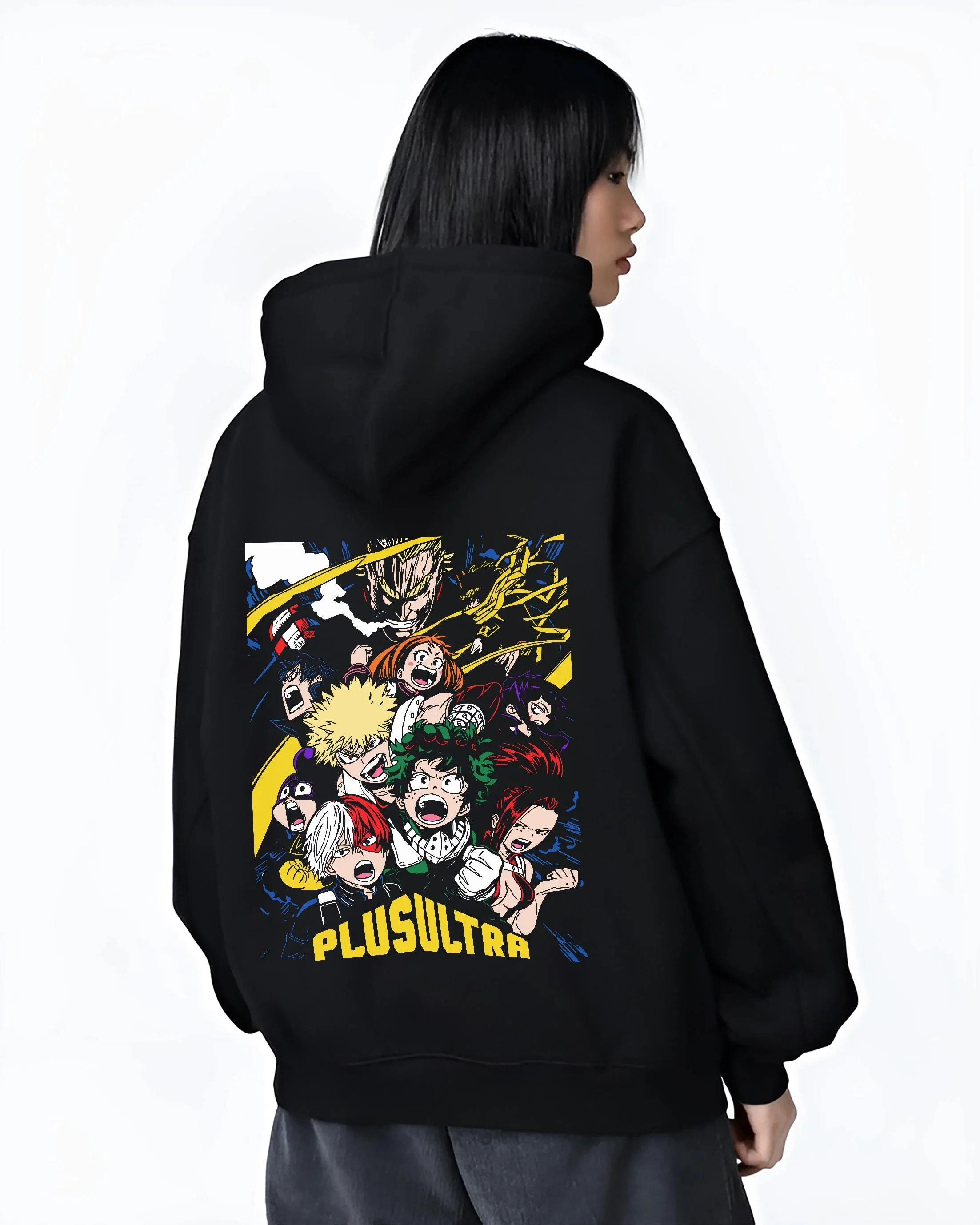 Black hoodie worn by female model, back view with My Hero Academia Hoodie Deku Plus Ultra Jumper graphic bold anime graphic.