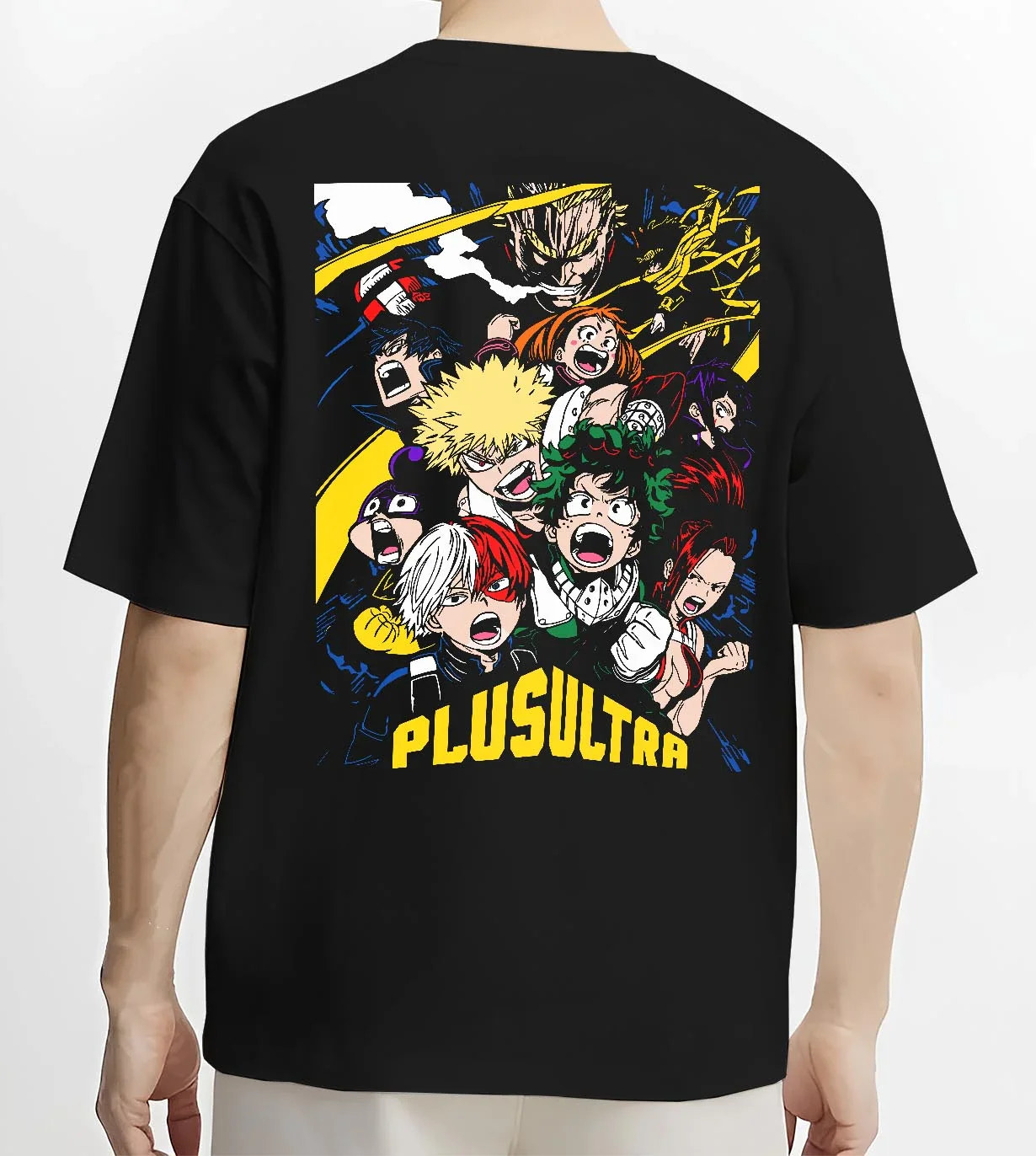 Black T-shirt worn by male model, back view with My Hero Academia Hoodie Deku Plus Ultra Jumper graphic premium wear.