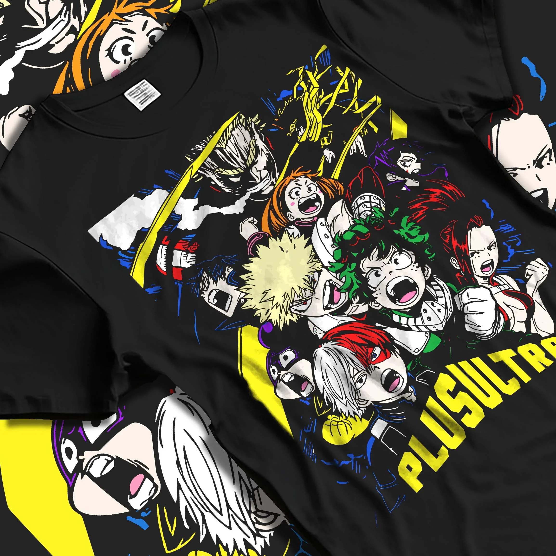 Black T-shirt laid flat with natural folds with My Hero Academia Hoodie Deku Plus Ultra Jumper graphic streetwear graphic.