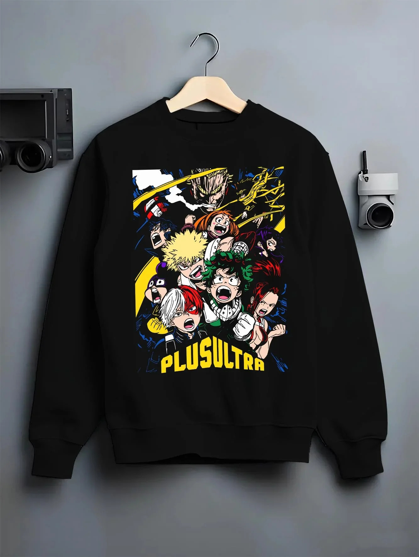 Black crewneck sweatshirt on hanger with My Hero Academia Hoodie Deku Plus Ultra Jumper graphic streetwear graphic.