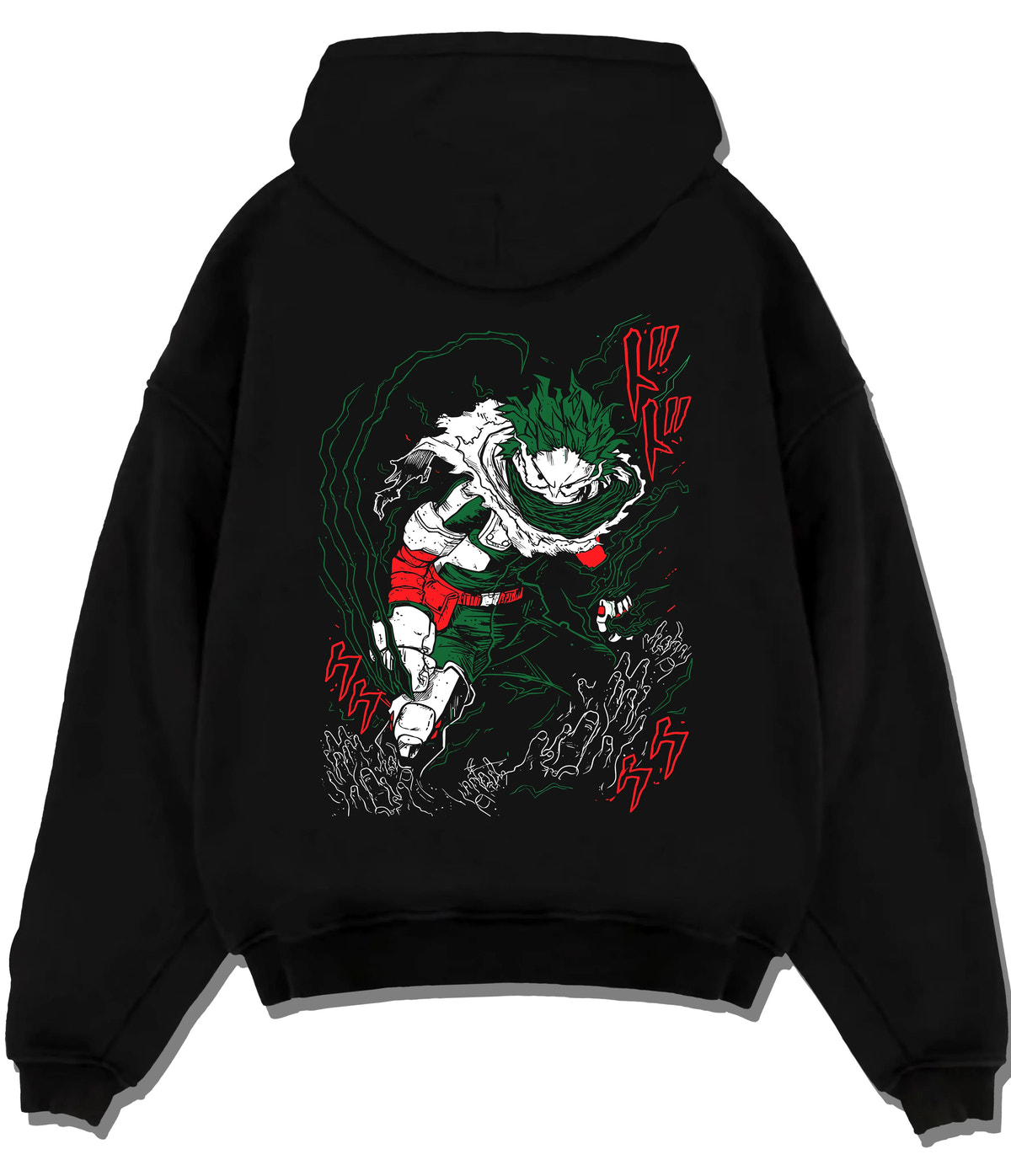 Black hoodie flat back view showing Izuku Midoriya from My Hero Academia: dark hero, green energy