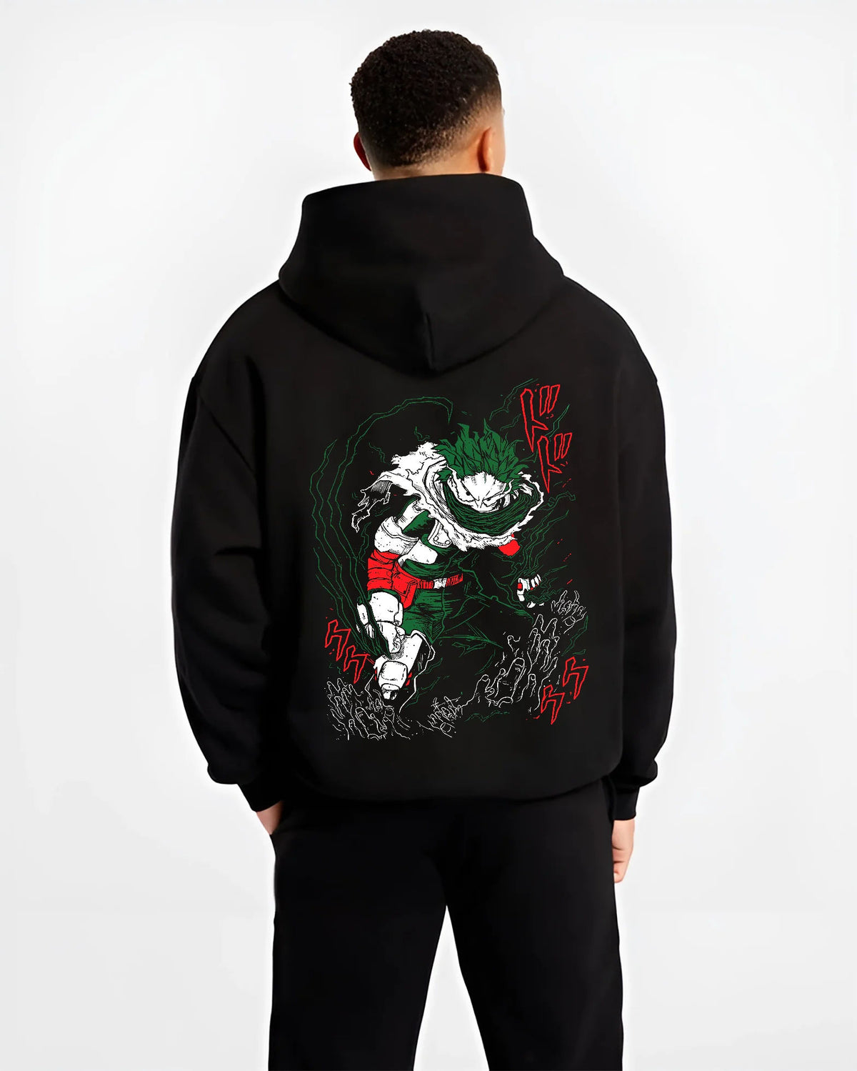 Black hoodie model back view showing Izuku Midoriya from My Hero Academia: dark hero, green energy