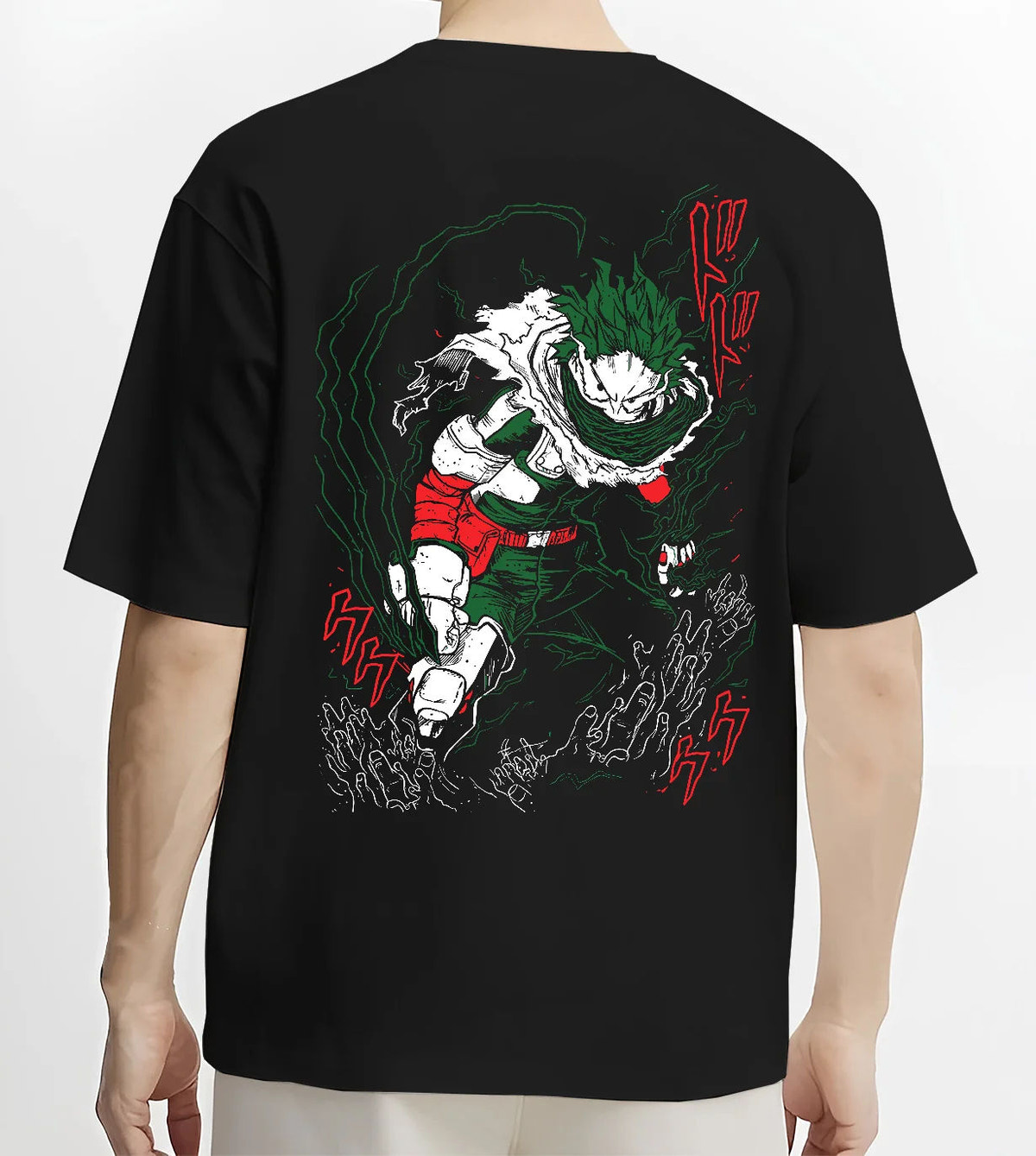 Black T-shirt model back view showing Izuku Midoriya from My Hero Academia: dark hero, green energy