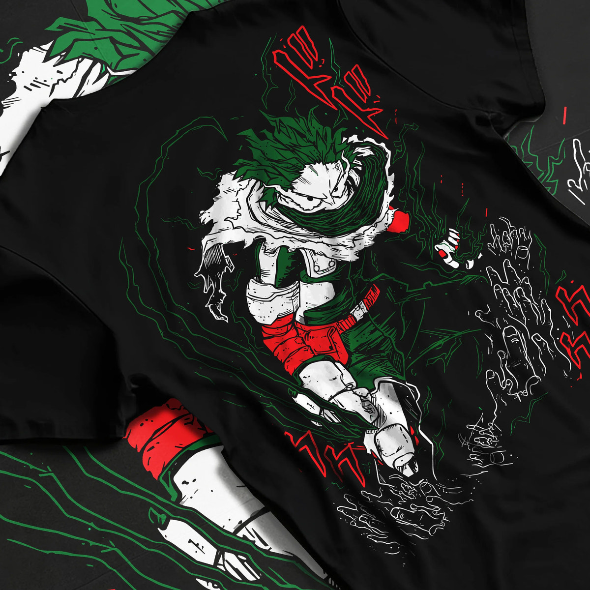 Black T-shirt flat back view showing Izuku Midoriya from My Hero Academia: dark hero, green energy