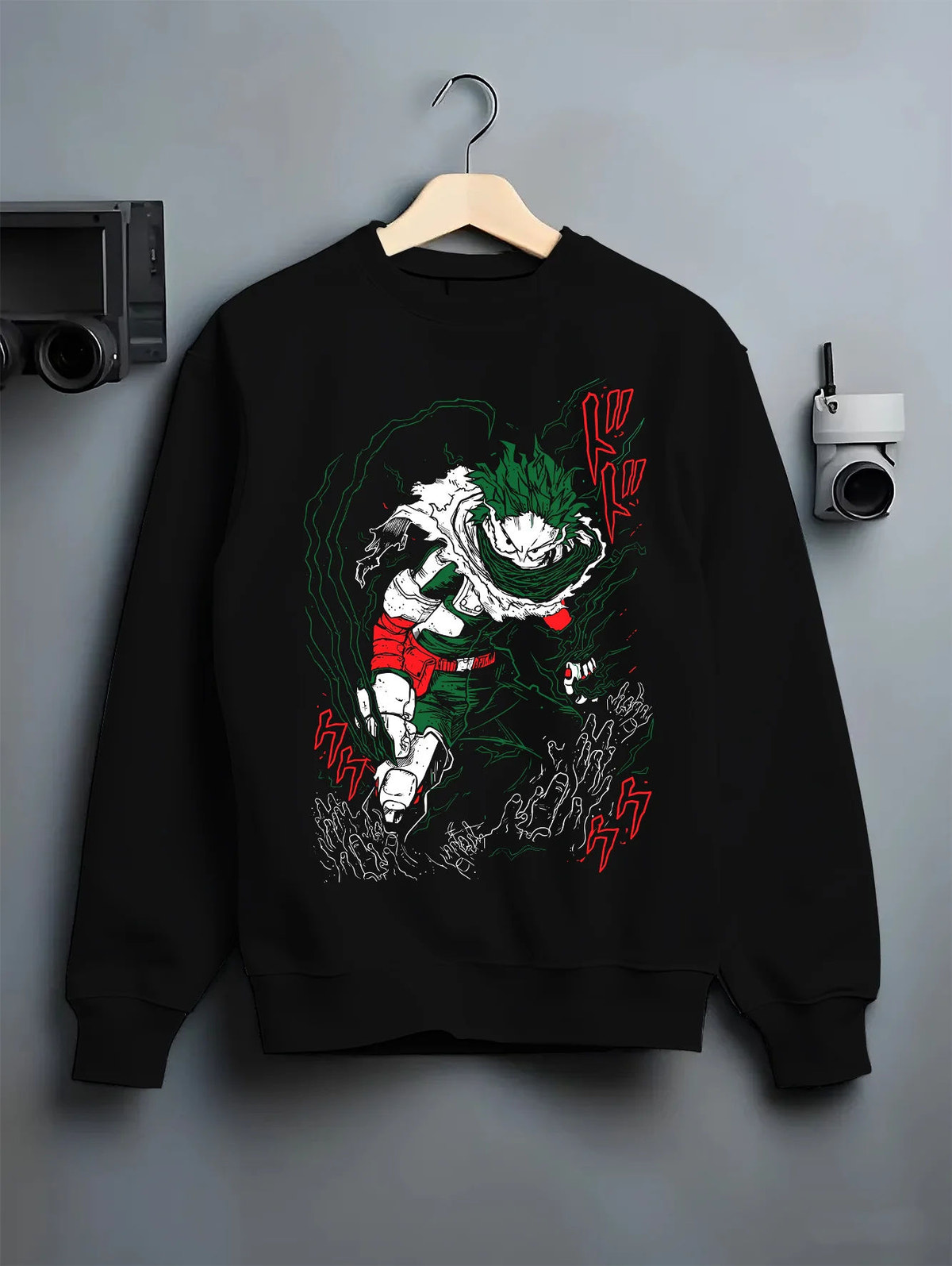 Black crewneck sweatshirt on hanger showing Izuku Midoriya from My Hero Academia: dark hero, green energy