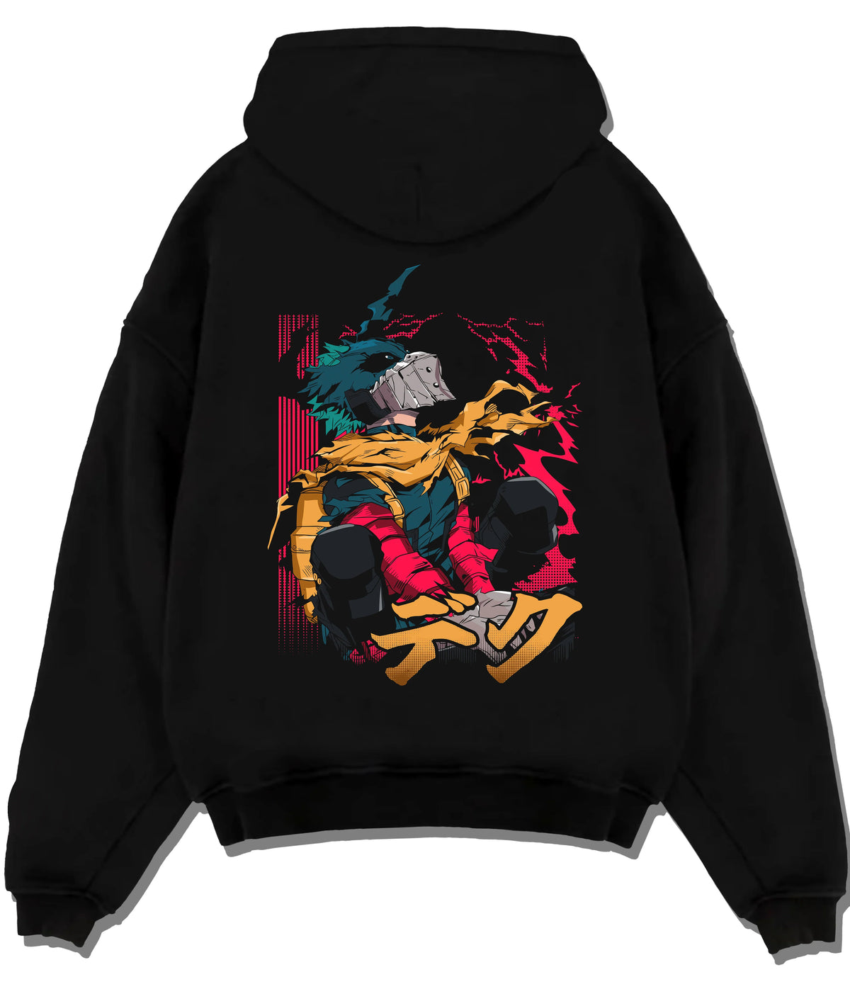Black hoodie flat back view showing Izuku Midoriya from My Hero Academia: hooded rogue/vigilante, sitting pose