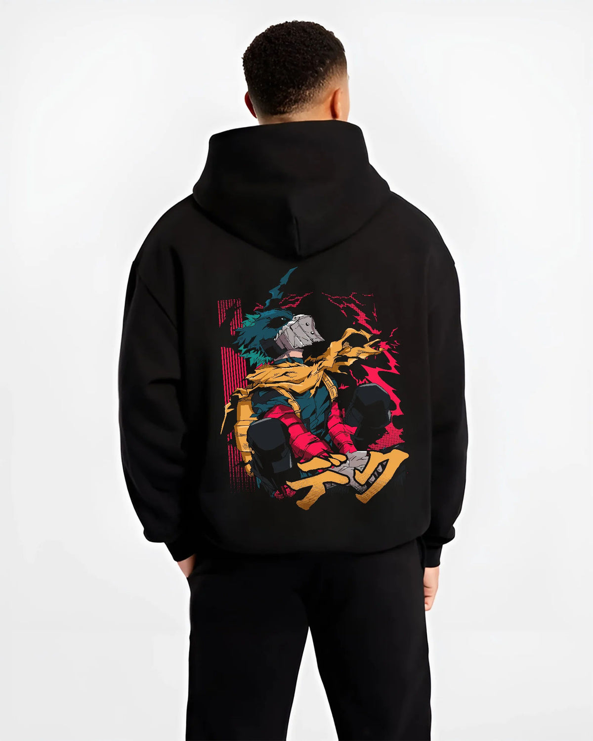 Black hoodie model back view showing Izuku Midoriya from My Hero Academia: hooded rogue/vigilante, sitting pose