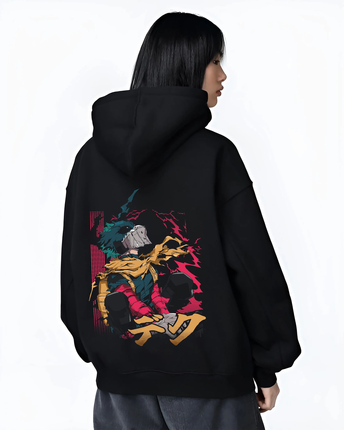 Black hoodie female model back view showing Izuku Midoriya from My Hero Academia: hooded rogue/vigilante, sitting pose