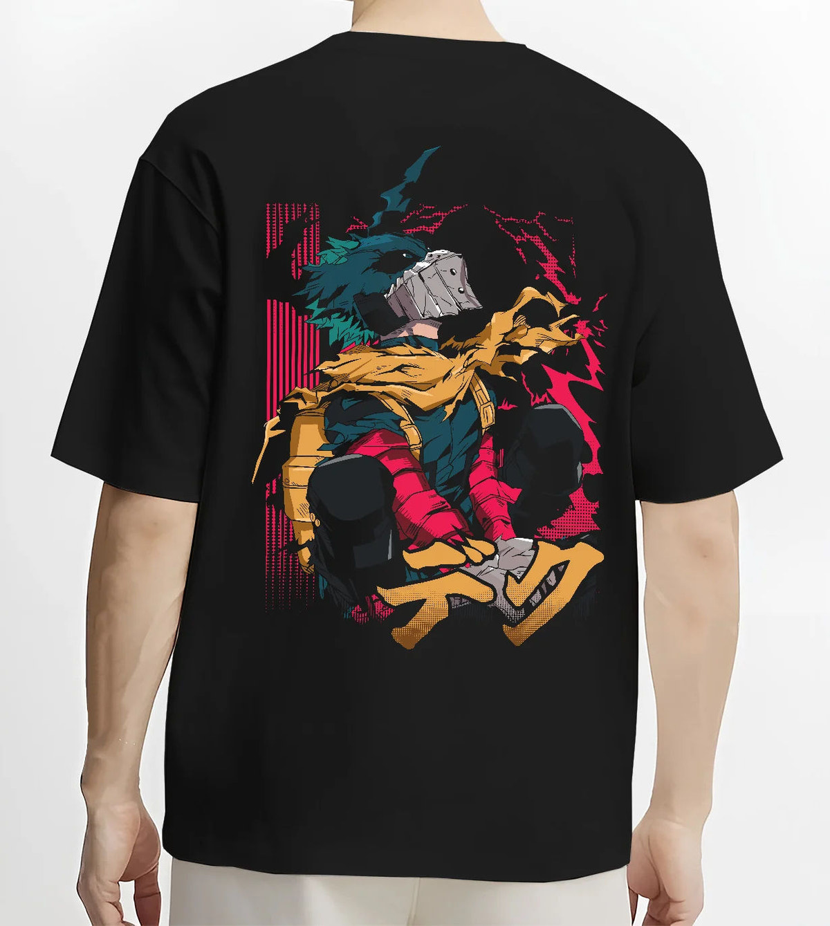 Black T-shirt model back view showing Izuku Midoriya from My Hero Academia: hooded rogue/vigilante, sitting pose