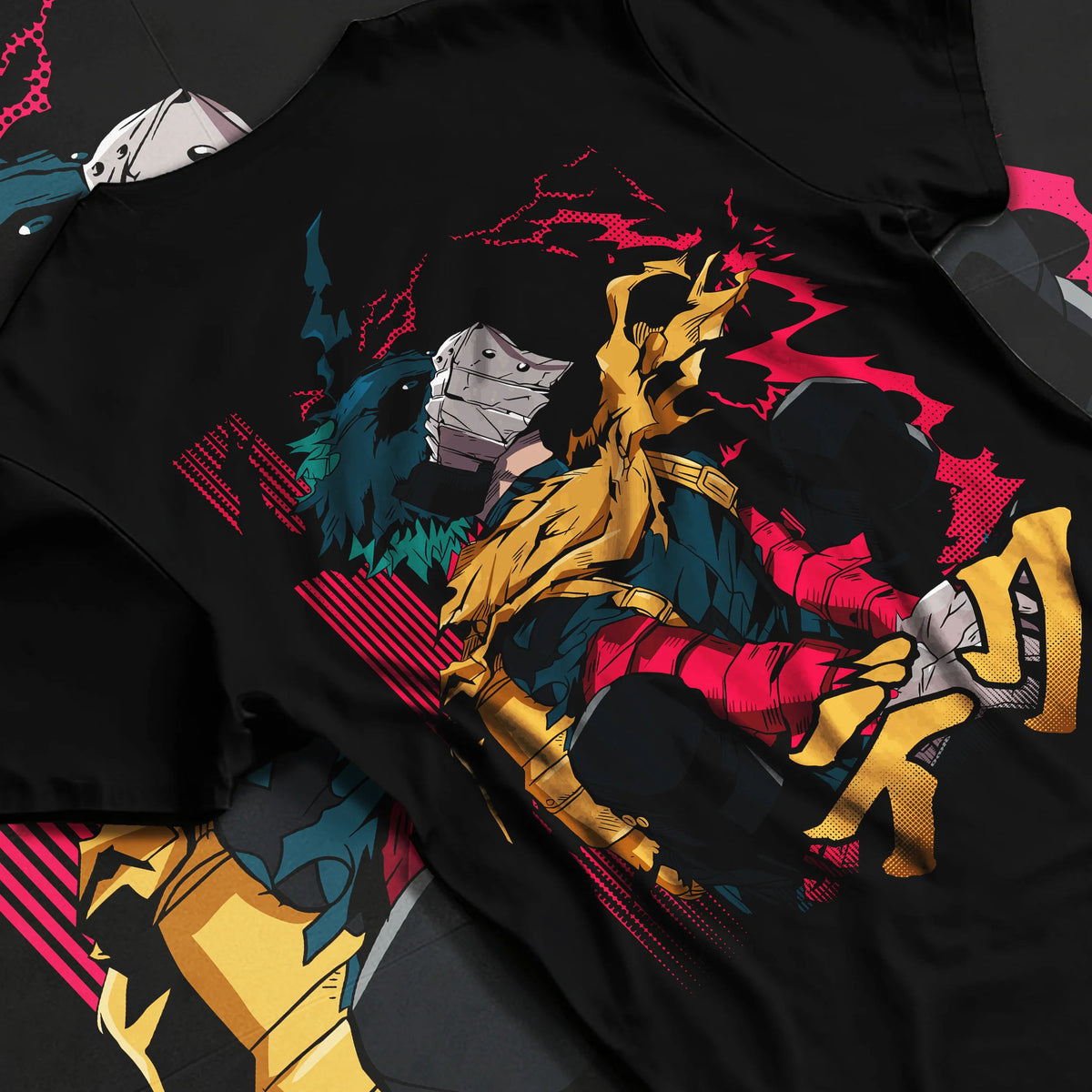 Black T-shirt flat back view showing Izuku Midoriya from My Hero Academia: hooded rogue/vigilante, sitting pose
