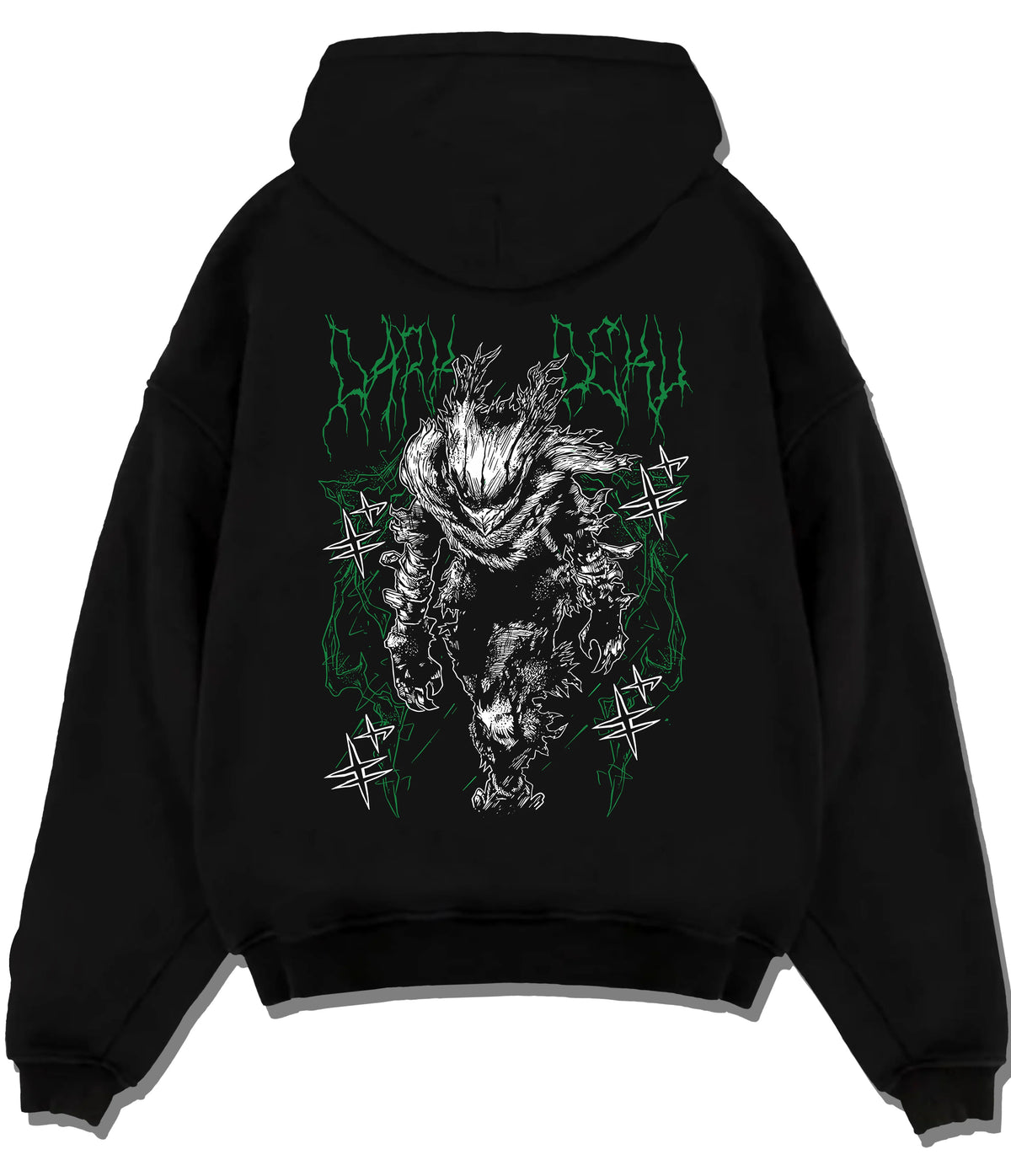 Black hoodie flat back view showing Izuku Midoriya from My Hero Academia: dark monstrous hero portrait