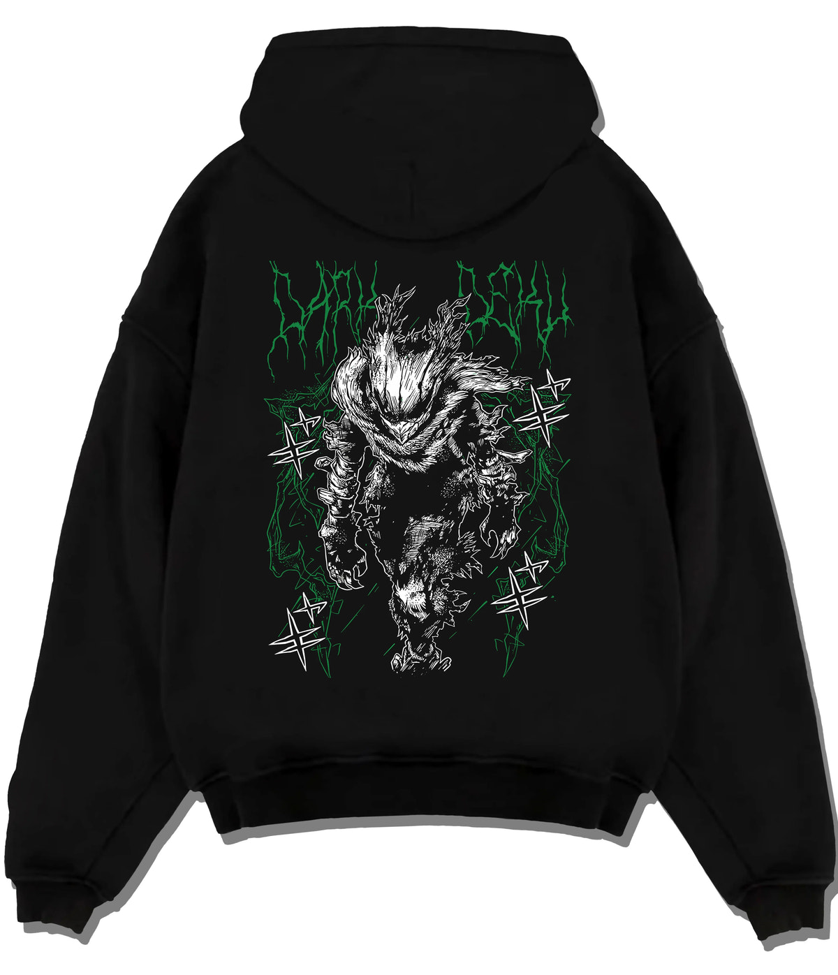 Black hoodie flat back view showing Izuku Midoriya from My Hero Academia: dark monstrous hero portrait