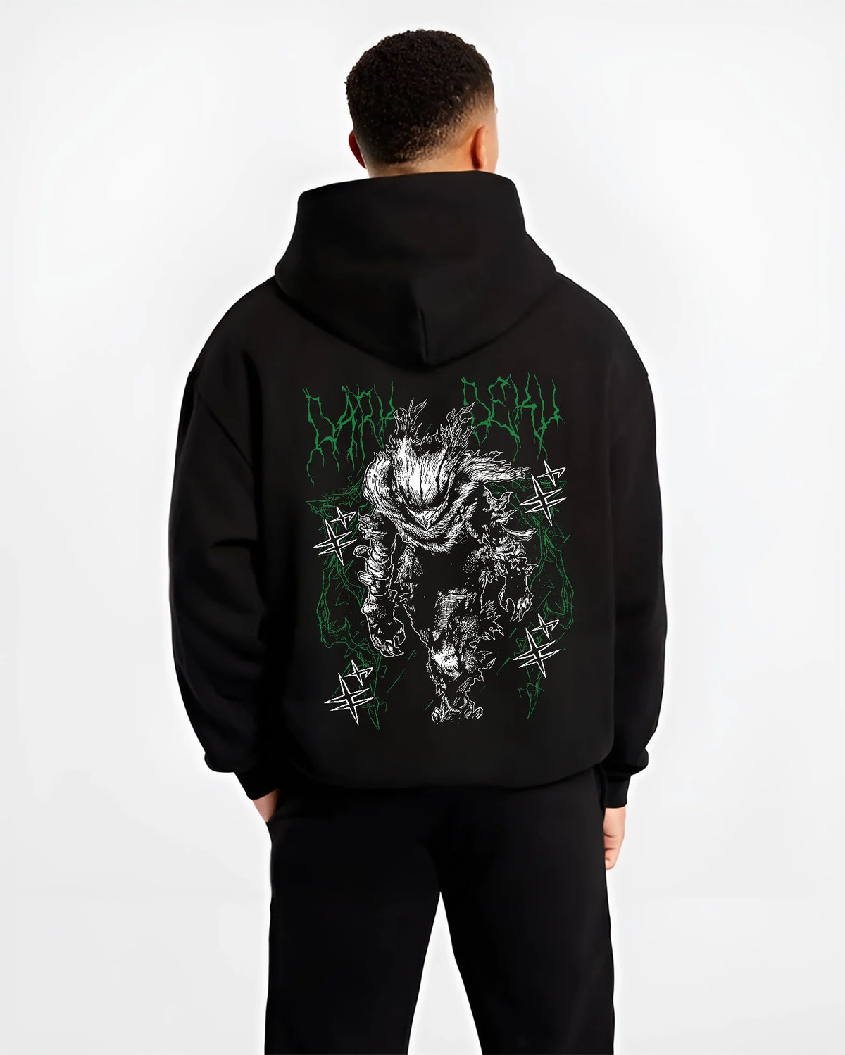 Black hoodie model back view showing Izuku Midoriya from My Hero Academia: dark monstrous hero portrait