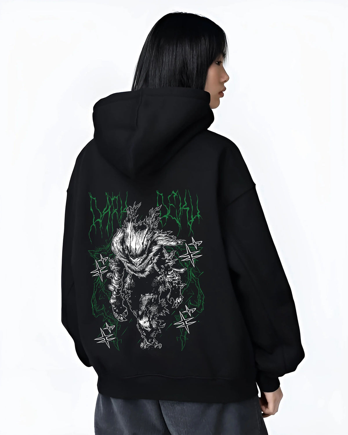 Black hoodie female model back view showing Izuku Midoriya from My Hero Academia: dark monstrous hero portrait