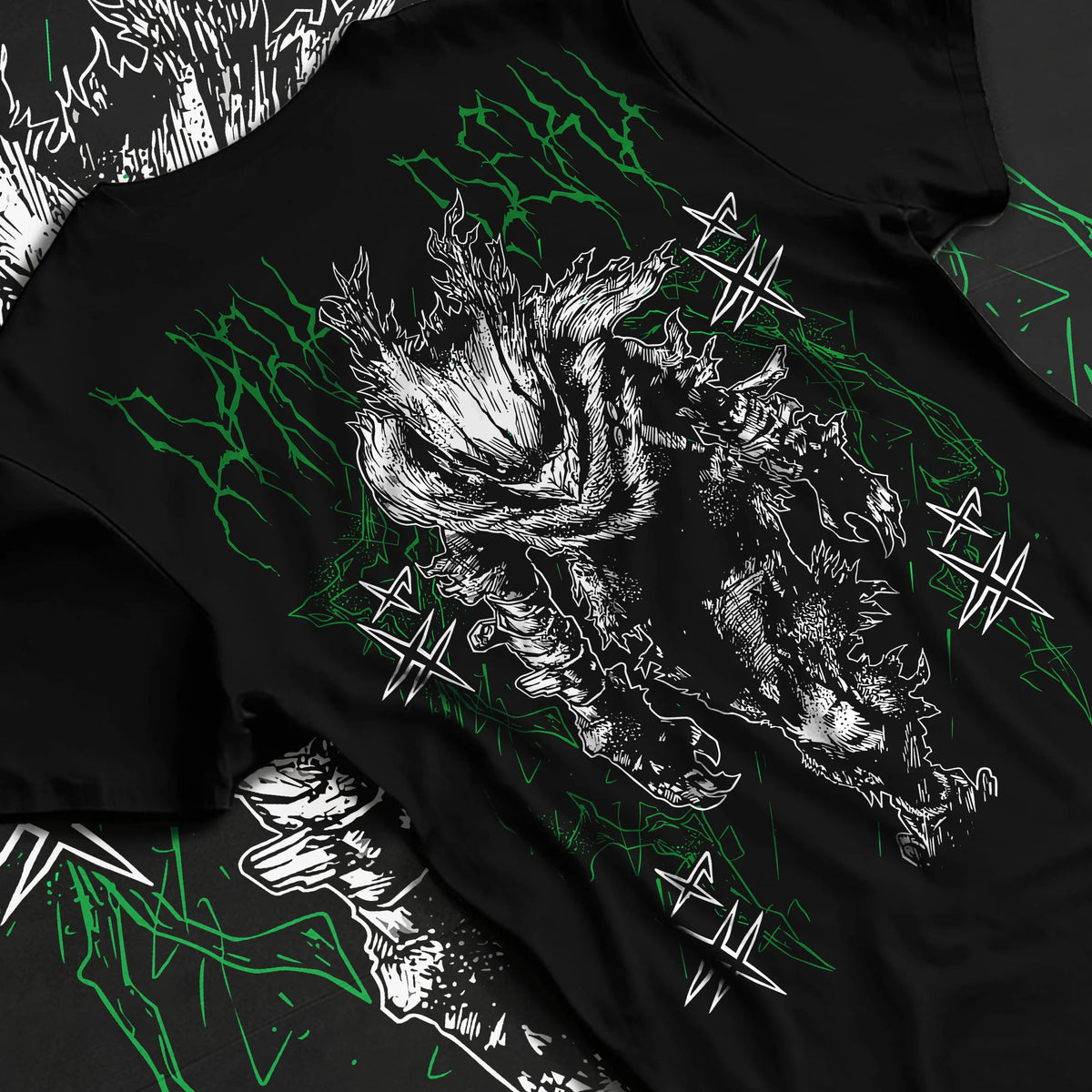 Black T-shirt flat back view showing Izuku Midoriya from My Hero Academia: dark monstrous hero portrait