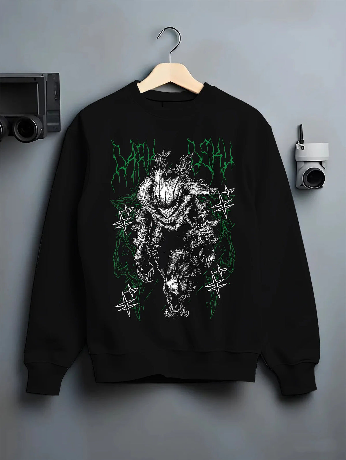Black crewneck sweatshirt on hanger showing Izuku Midoriya from My Hero Academia: dark monstrous hero portrait