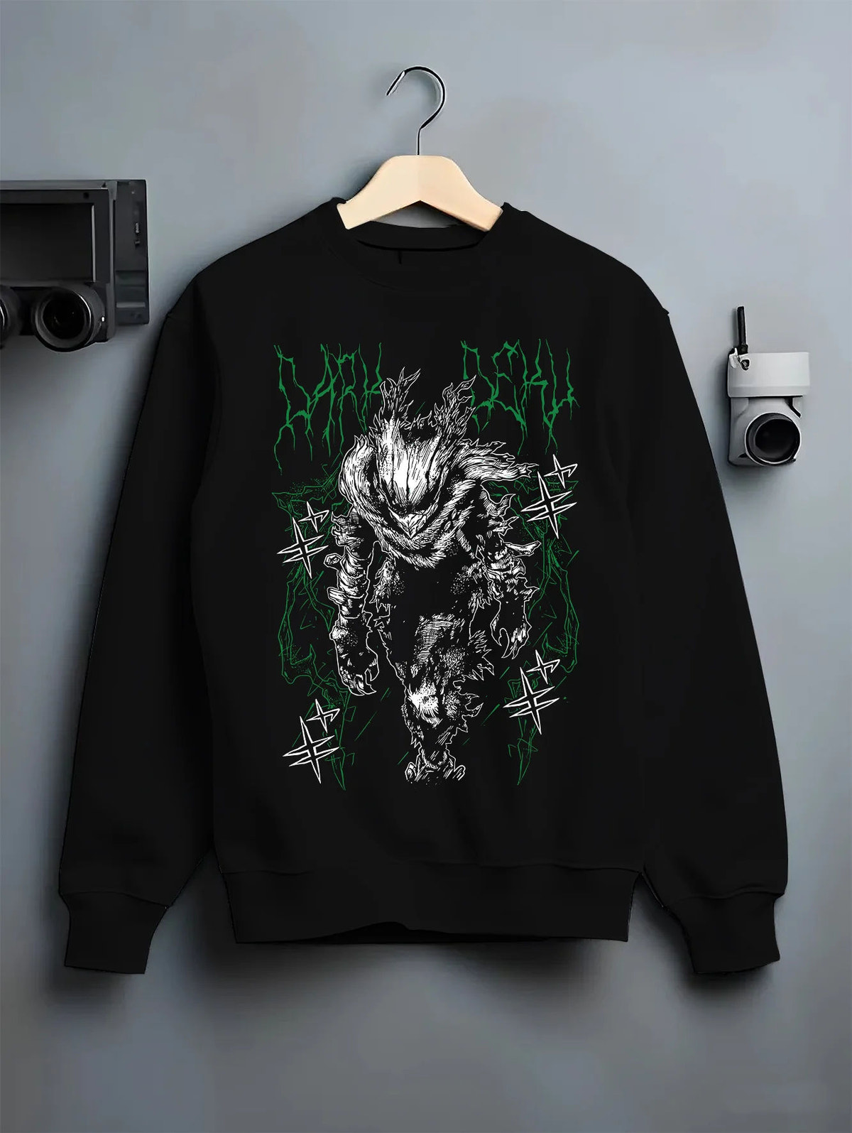 Black crewneck sweatshirt on hanger showing Izuku Midoriya from My Hero Academia: dark monstrous hero portrait
