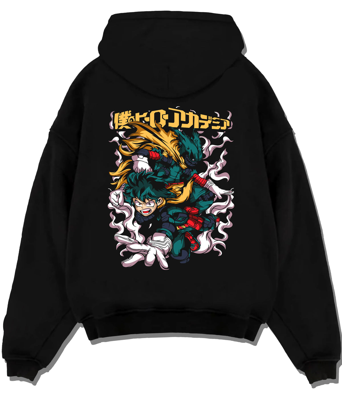 Black hoodie flat back view showing Deku from My Hero Academia: One For All green lightning action illustration