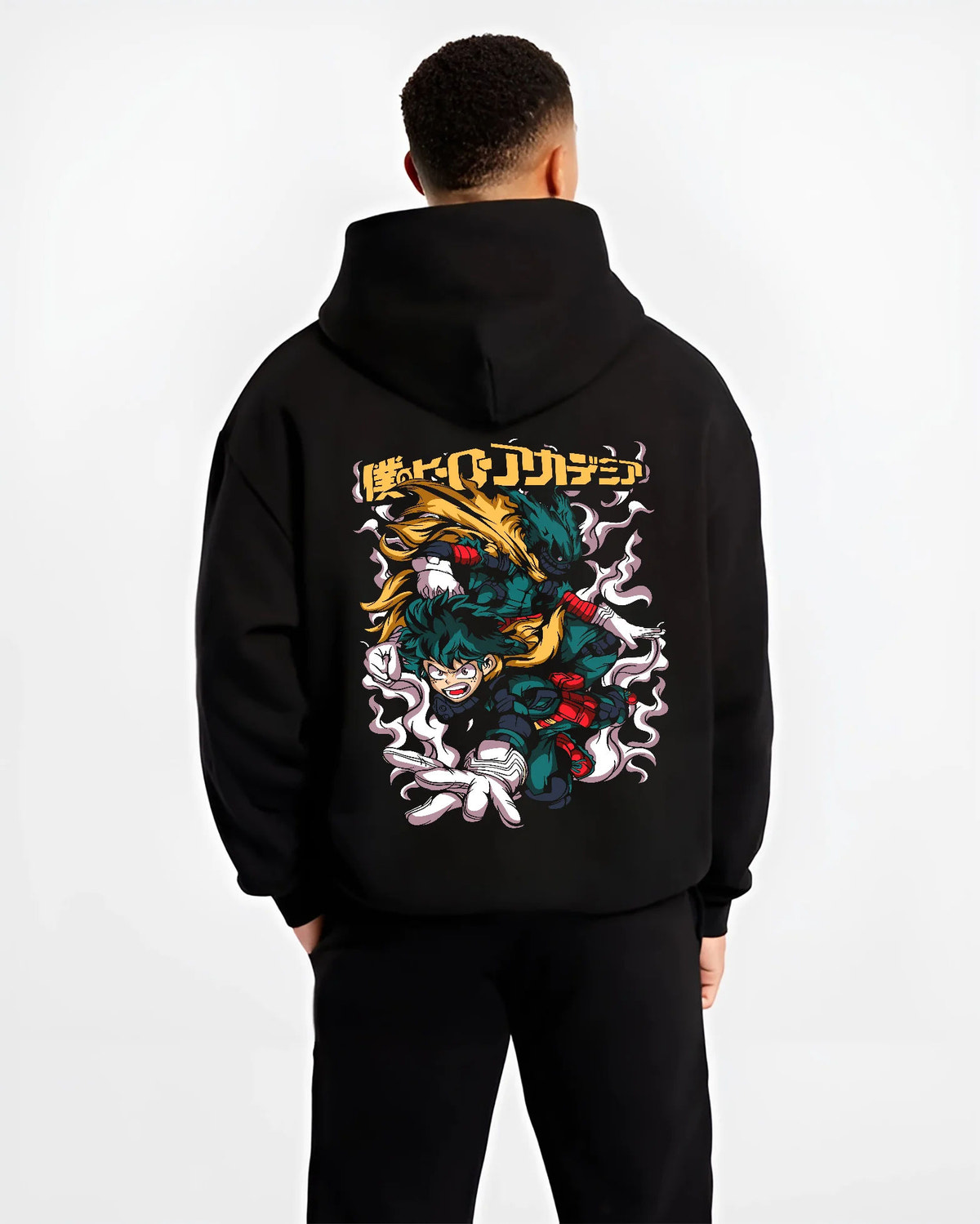 Black hoodie model back view showing Deku from My Hero Academia: One For All green lightning action illustration
