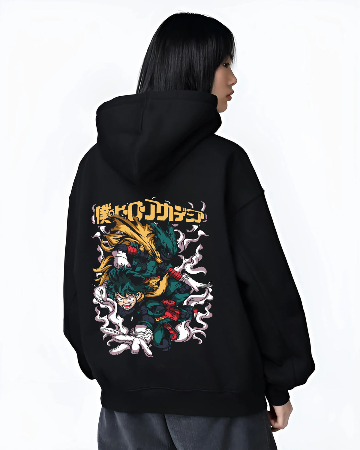Black hoodie female model back view showing Deku from My Hero Academia: One For All green lightning action illustration