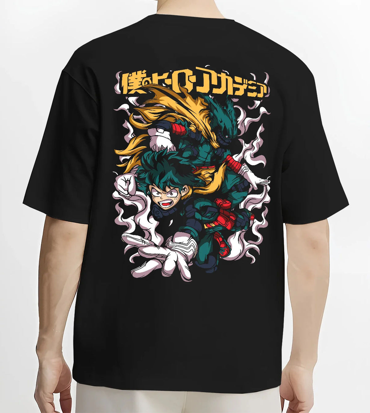 Black T-shirt model back view showing Deku from My Hero Academia: One For All green lightning action illustration