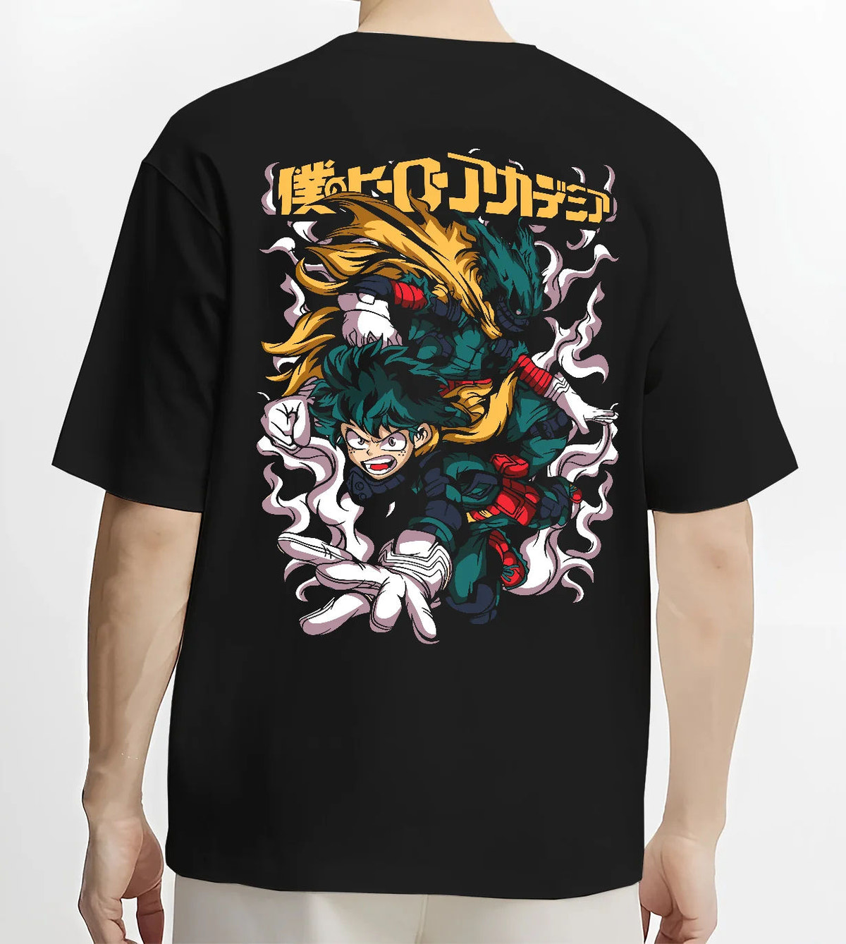 Black T-shirt model back view showing Deku from My Hero Academia: One For All green lightning action illustration