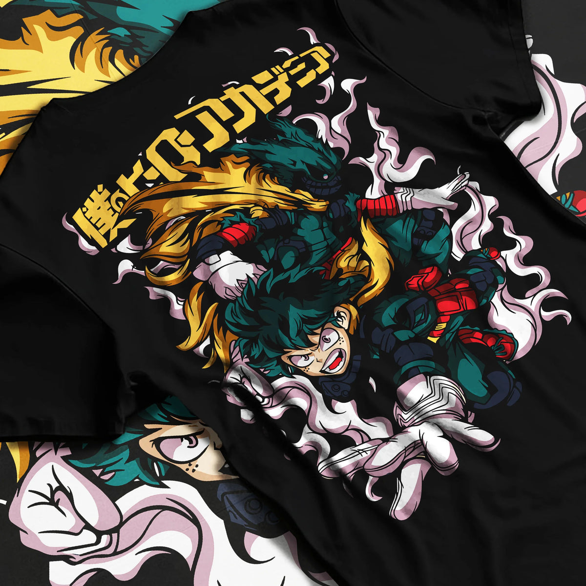 Black T-shirt flat back view showing Deku from My Hero Academia: One For All green lightning action illustration