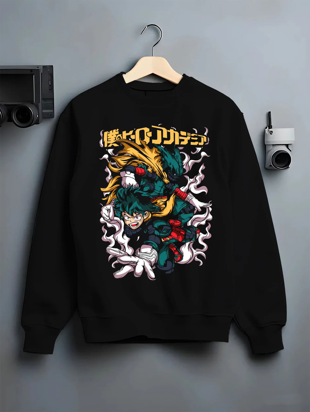 Black crewneck sweatshirt on hanger showing Deku from My Hero Academia: One For All green lightning action illustration