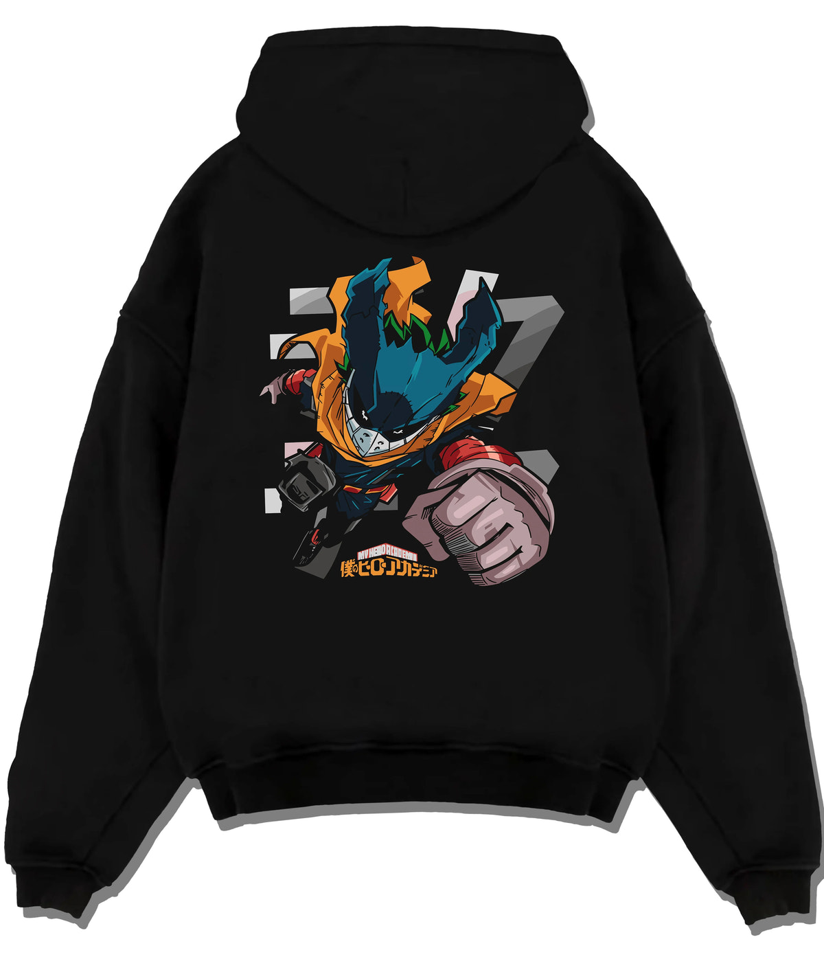 Black hoodie flat back view showing Deku from My Hero Academia: stylised chibi hero suit with extended fist